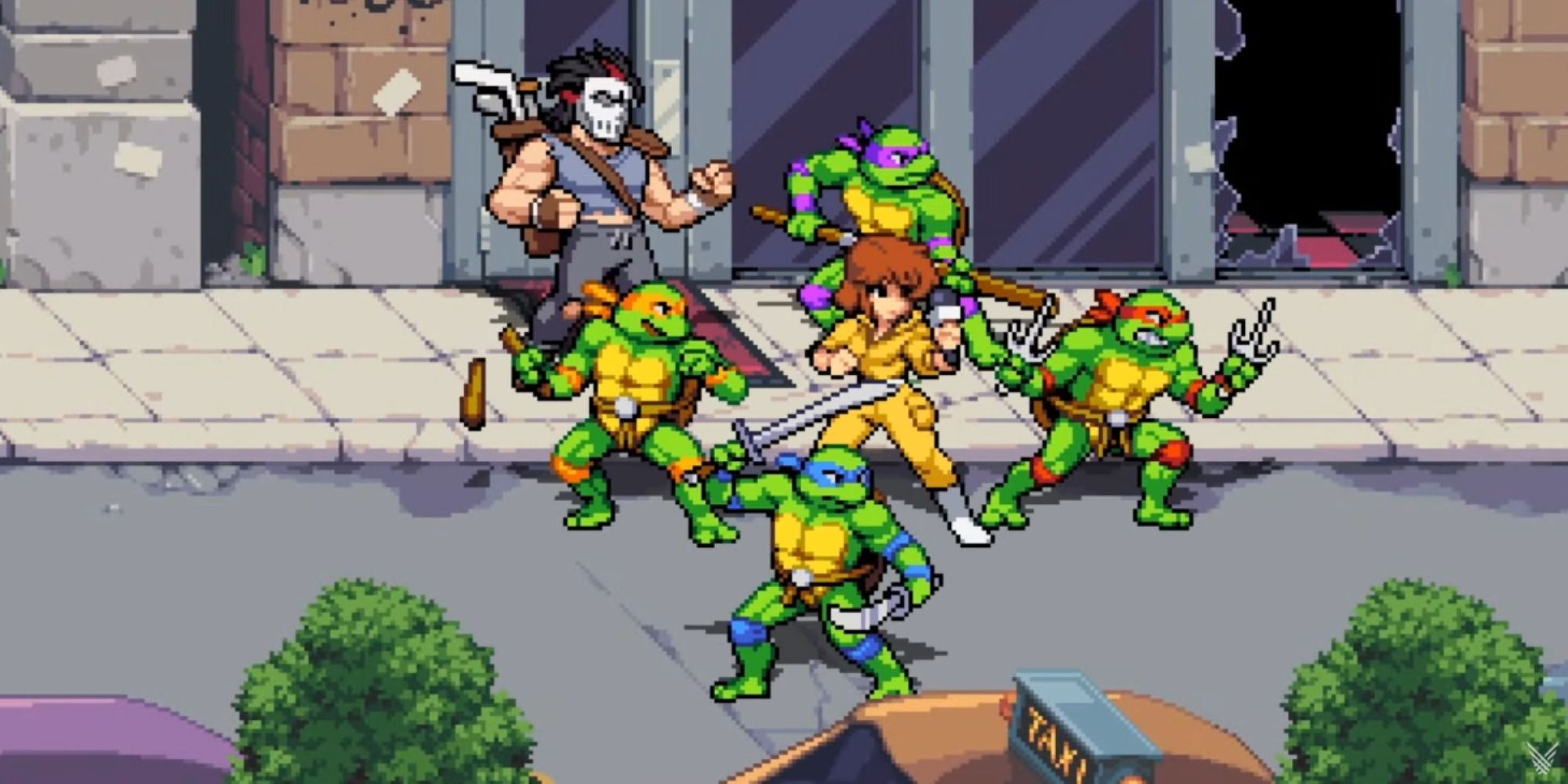 A full team of six players (Casey Jones, Michelangelo, Leonardo, April, Donatello, and Raphael) in Teenage Mutant Ninja Turtles: Shredder's Revenge