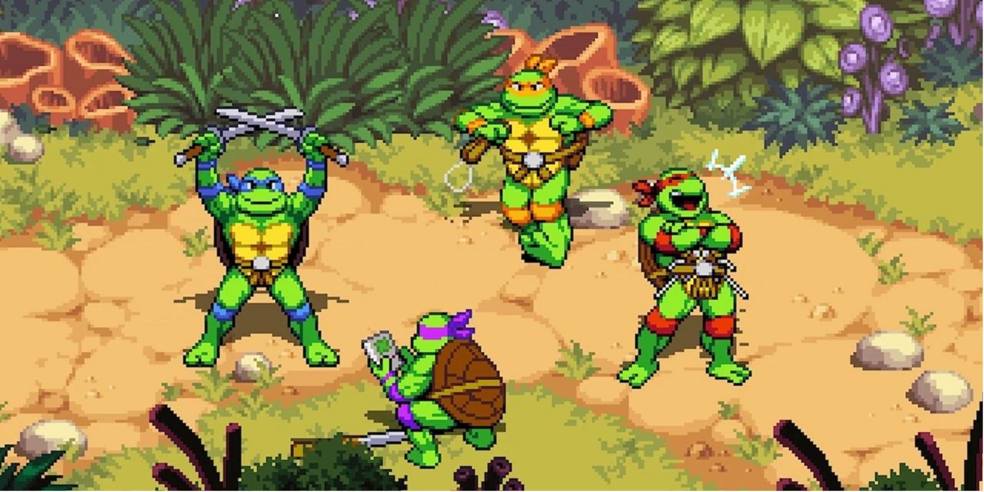 [From back left and back right to front left and front right] Leonardo, Michelangelo, Donatello, and Raphael Taunting in Teenage Mutant Ninja Turtles: Shredder's Revenge