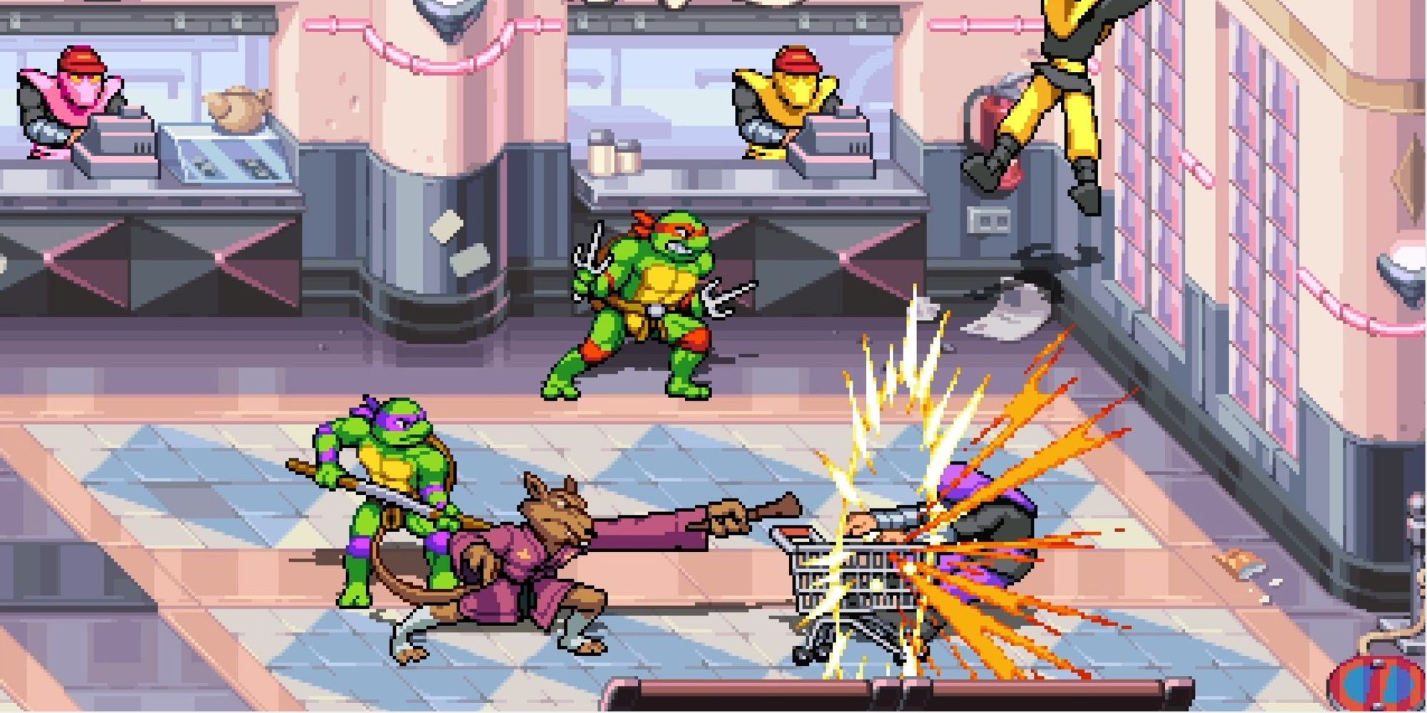 Splinter, Donatello, and Raphael attacking Foot Ninjas in Teenage Mutant Ninja Turtles: Shredder's Revenge