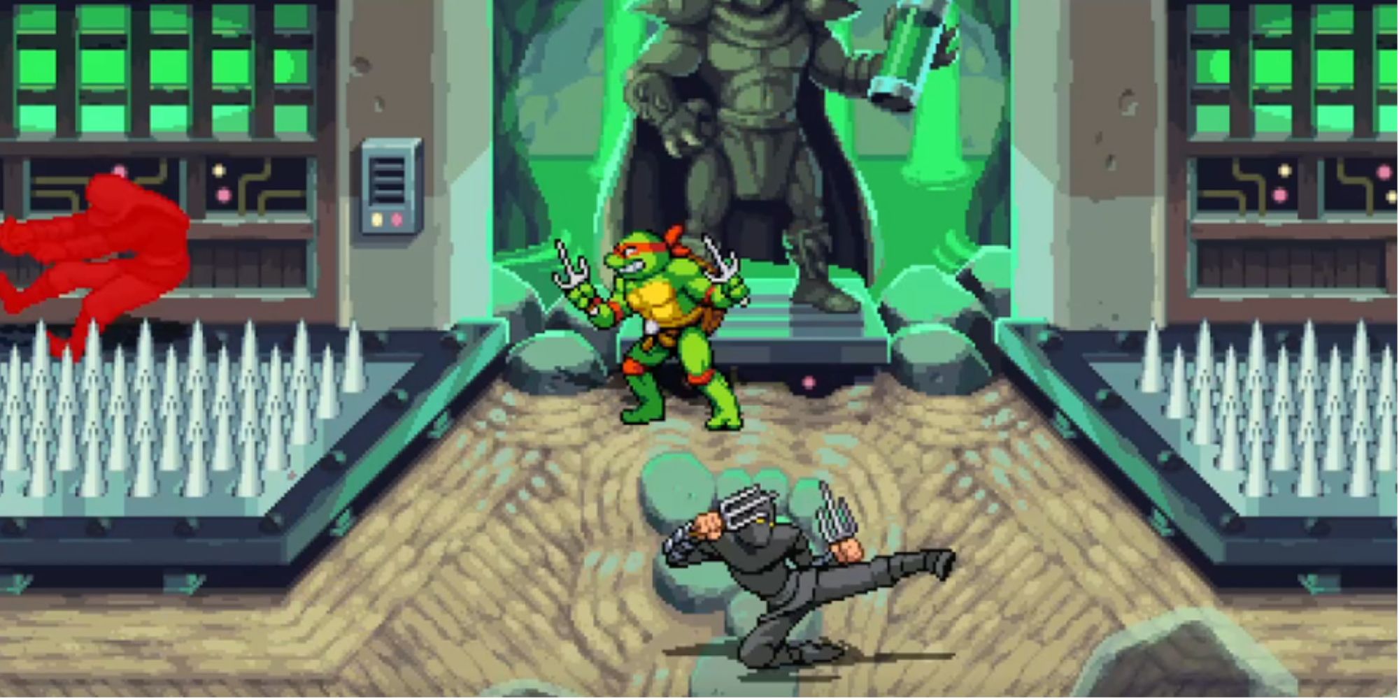 A Foot Ninja taking damage on a spiked floor in Teenage Mutant Ninja Turtles: Shredder's Revenge