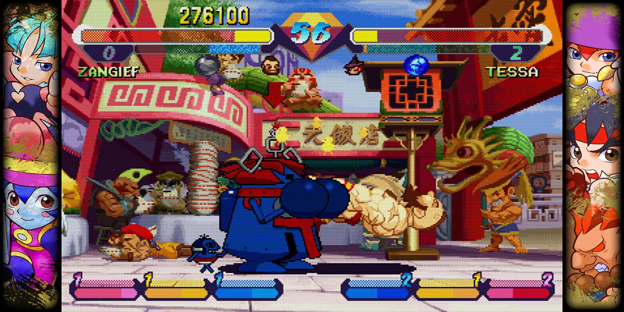Tessa changes into a robot costume during a flash combo against Zangief in Chinatown in Pocket Fighter, a game in Capcom Fighting Collection.