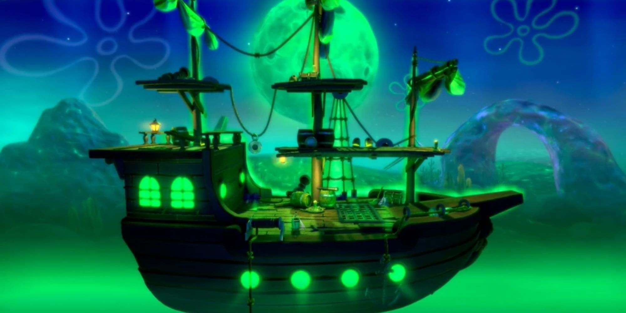 The Flying Dutchmans Ship sails past a full moon