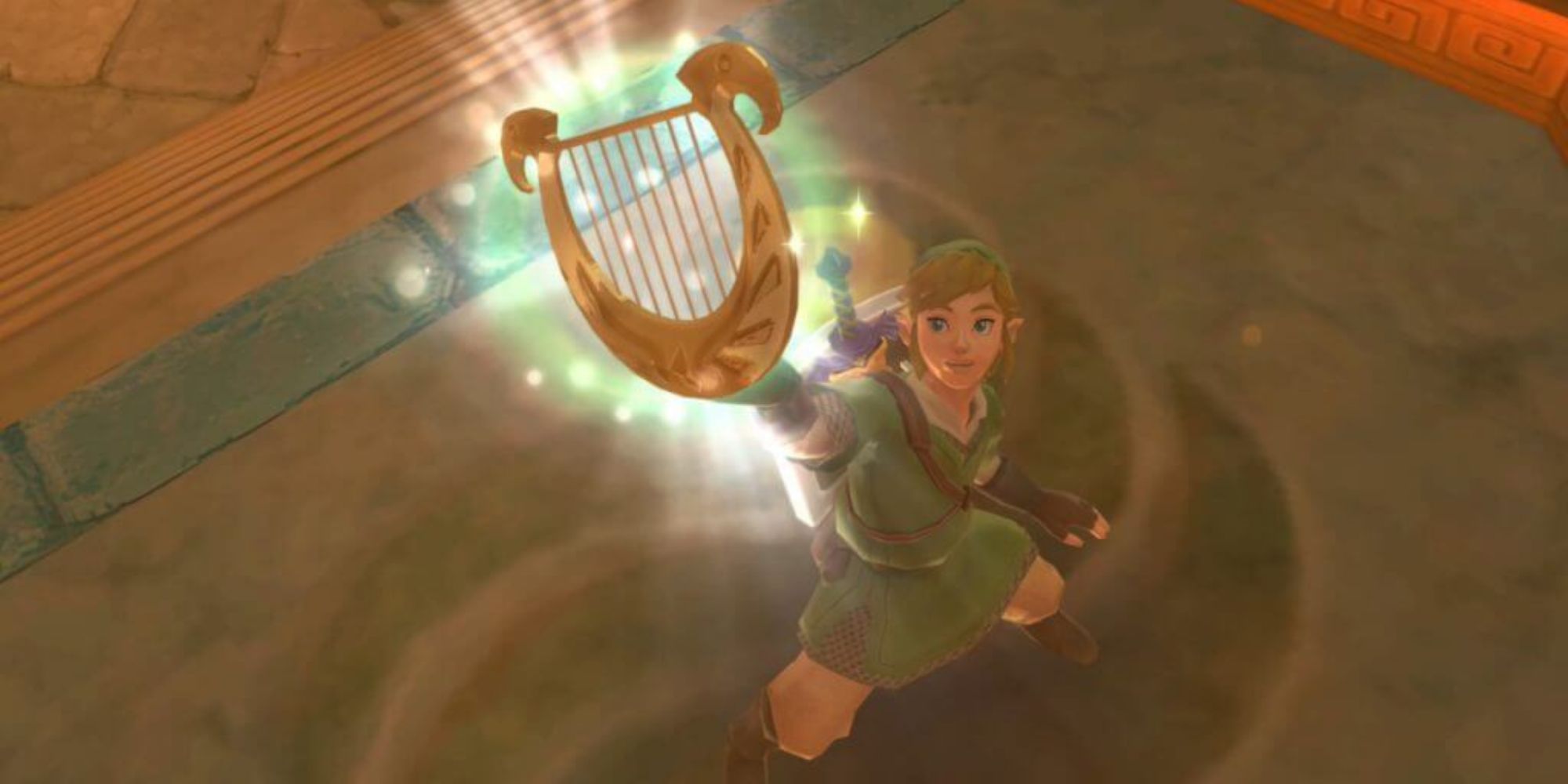 Link holds up the Goddess's Harp in a dungeon