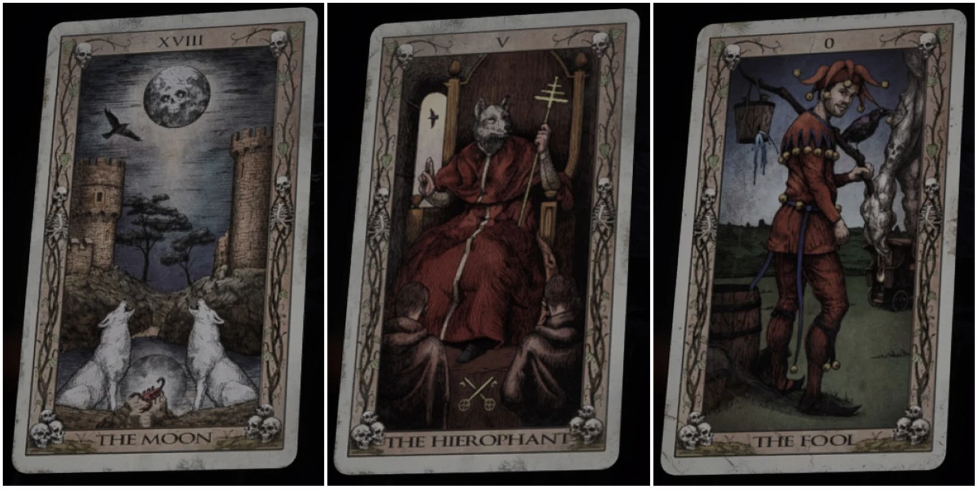 The Quarry Tarot Cards featuring the Quarry's rendition of the Major Arcana cards The Moon The Hierophant and the Fool