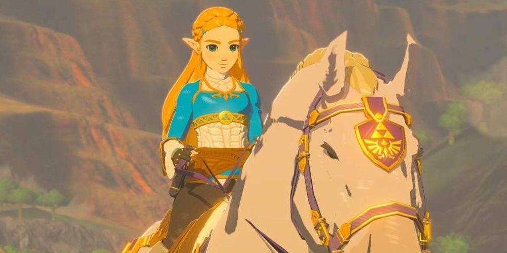 A screenshot of Princess Zelda riding the Royal White Stallion. 