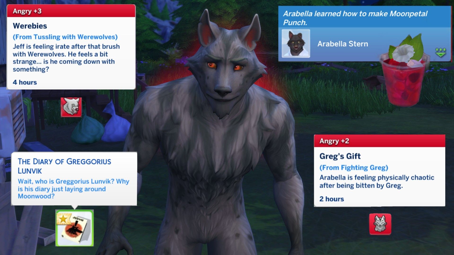 Greg the wolf, moonpetal punch, and some of the lore attached to him in The Sims 4 Werewolves