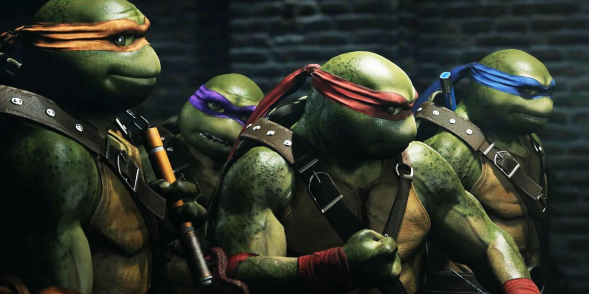 The Teenage Mutant Ninja Turtles prepare for battle in an alley