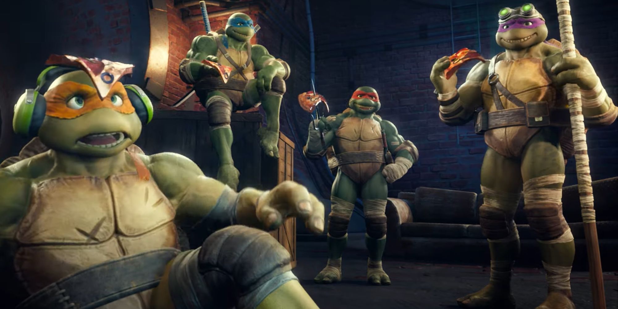 The Teenage Mutant Ninja Turtles eat pizza in the sewers