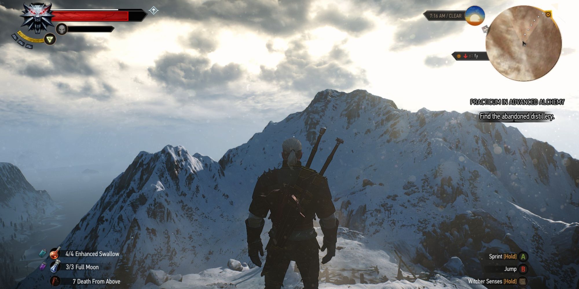 The Witcher 3 - Geralt stands overlooking a snowy mountain