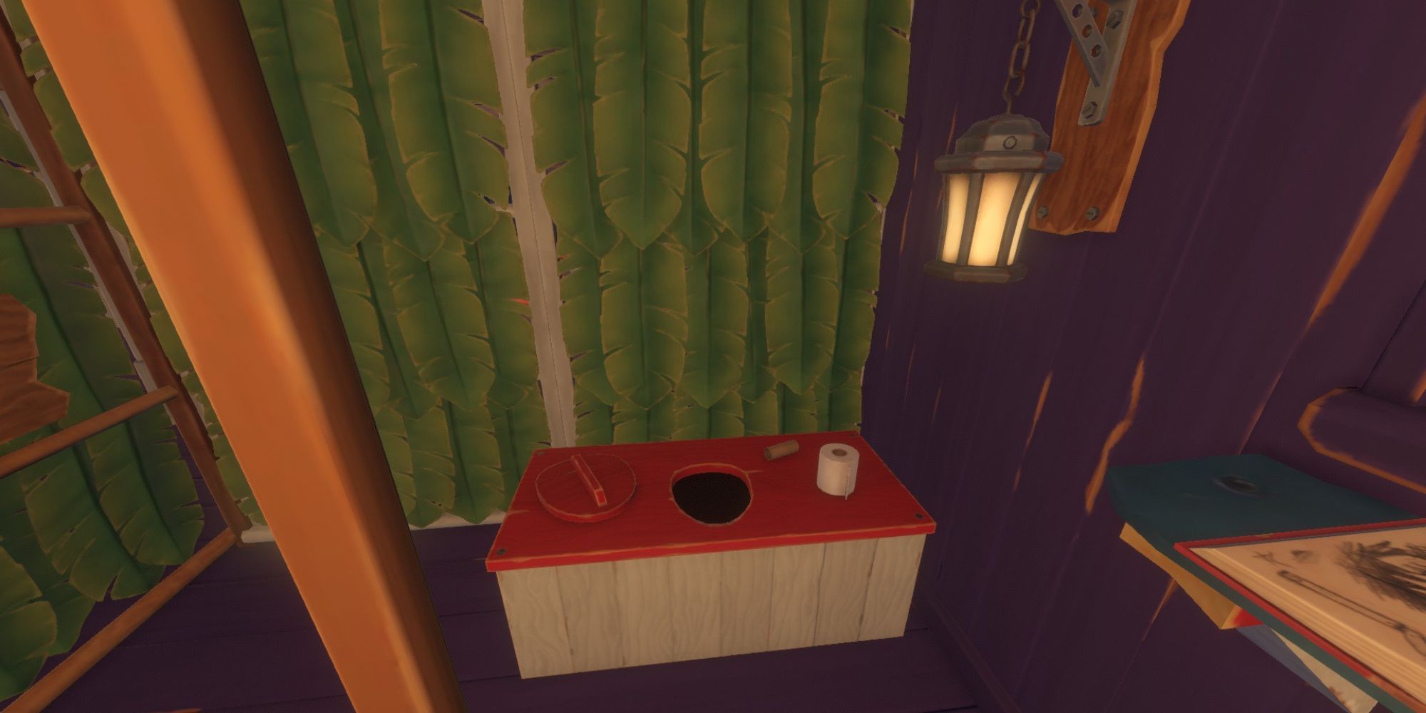 A painted wooden toilet in a corner of a raft's interiors