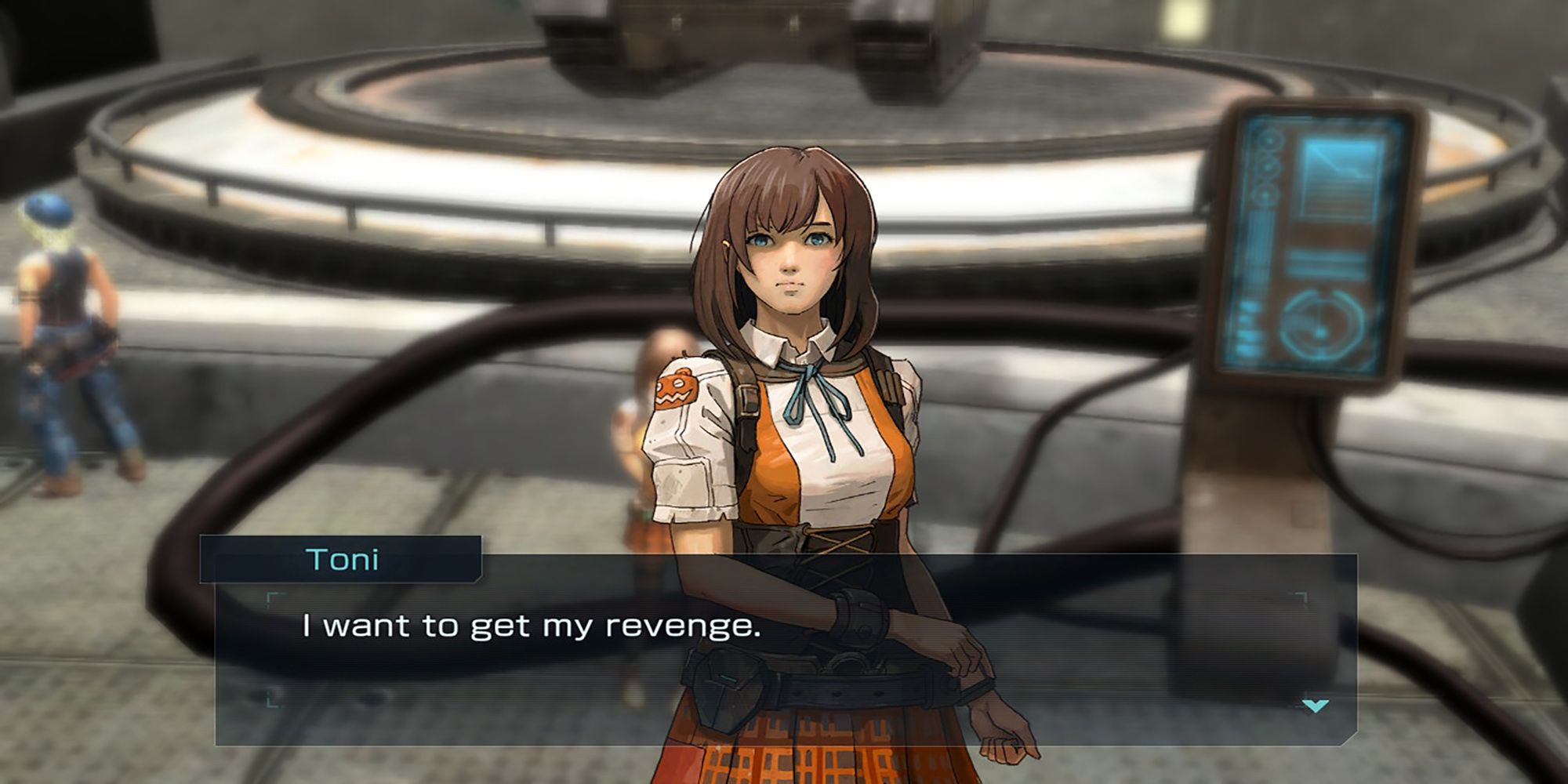 In a conversation at Iron Base, Toni expresses to Talis that she wants revenge against the monsters that killed her family in Metal Max Xeno Reborn.