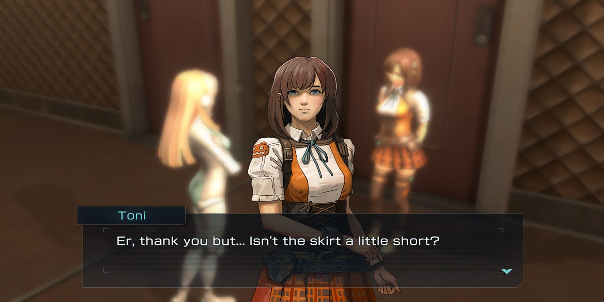 During an interaction at Iron Base, Toni asks Po-M if her new skirt is too short in Metal Max Xeno Reborn.