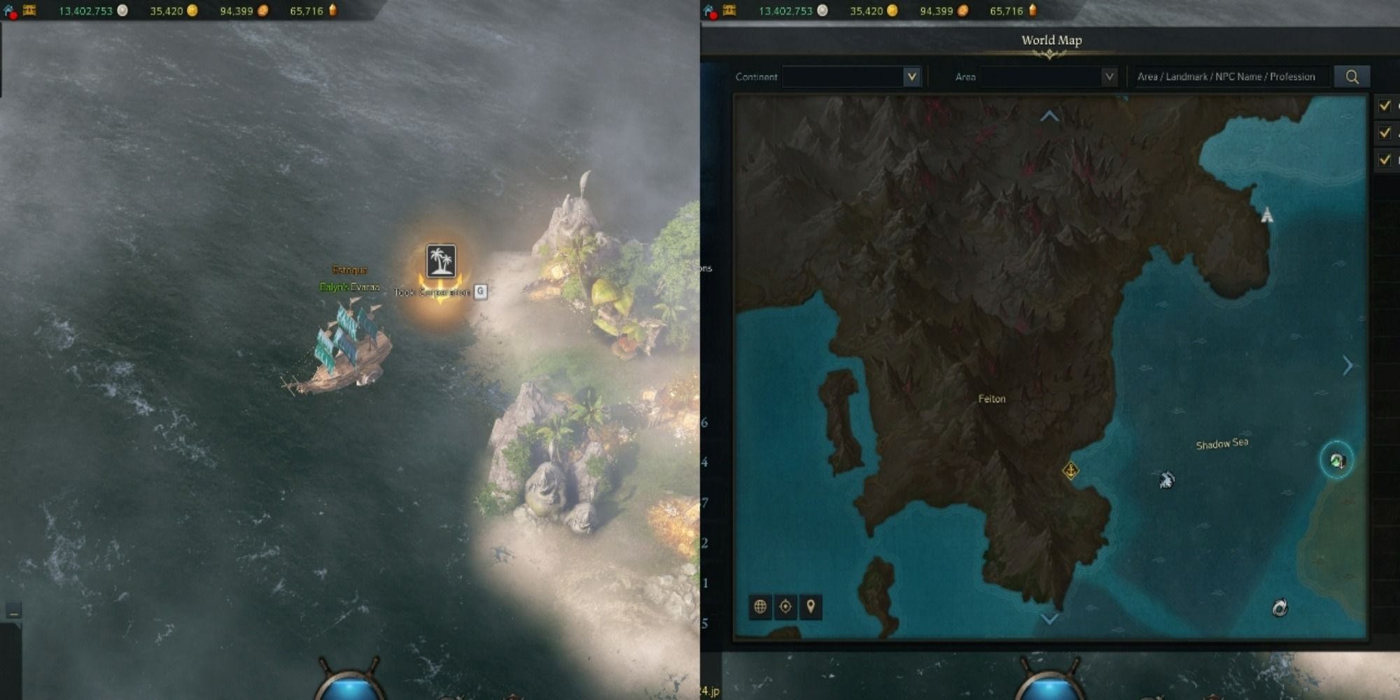 Lost Ark split image of Tooki Corporation Island location on open seas and on map