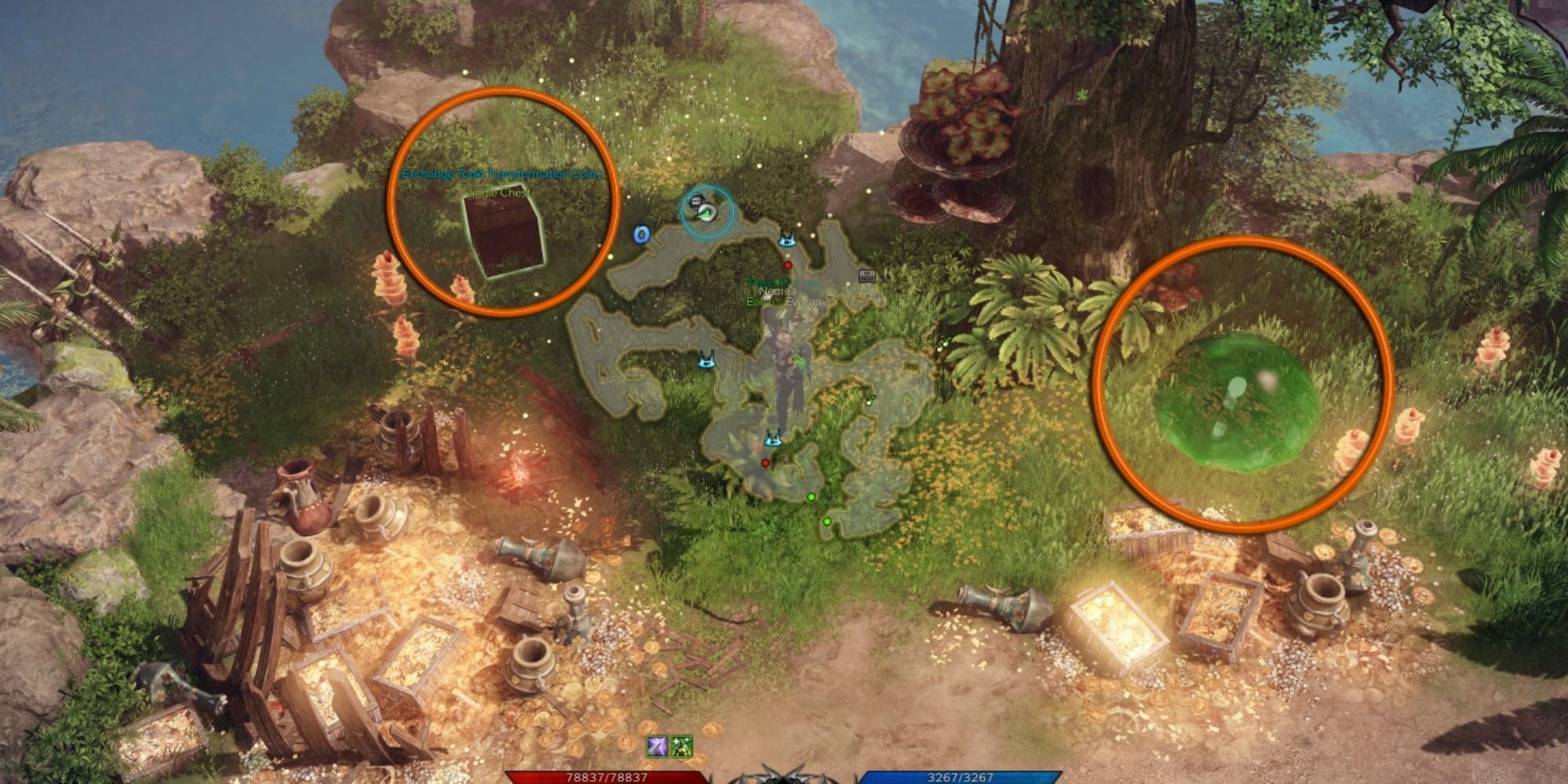 Lost Ark Tooki Corporation's Jingle Chest and green blob entrance circled with minimap open