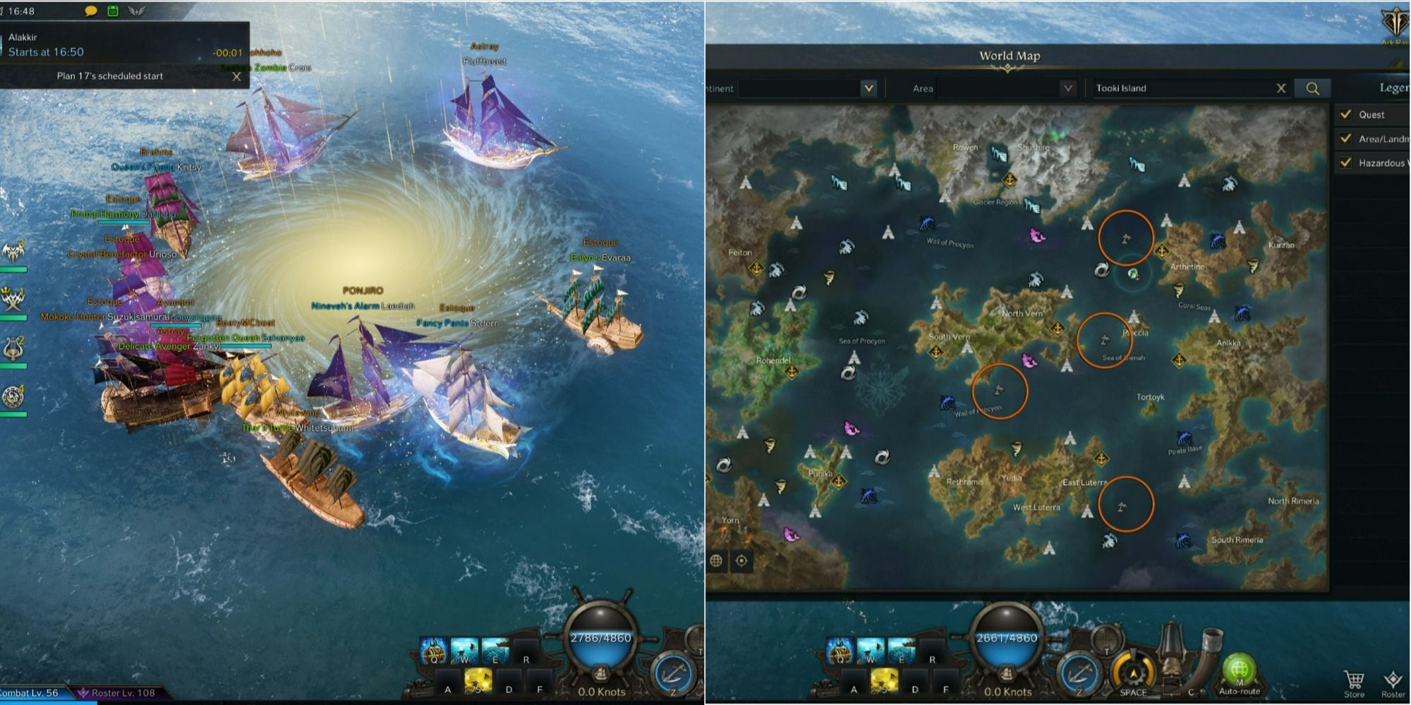 Lost Ark split image of Tooki Island spawning at sea and four map locations