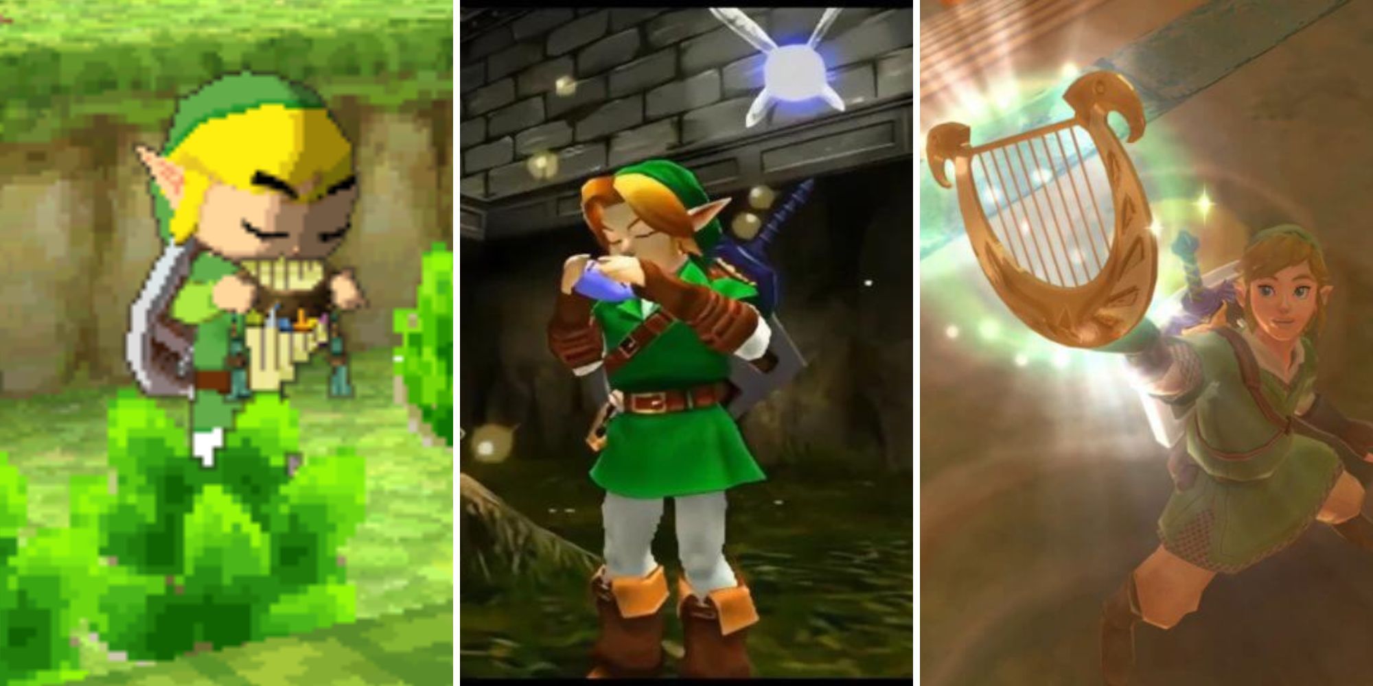 Toon Link plays the Spirit Flute, Link plays the Ocarina of Time, Link holds up the Goddess's Harp