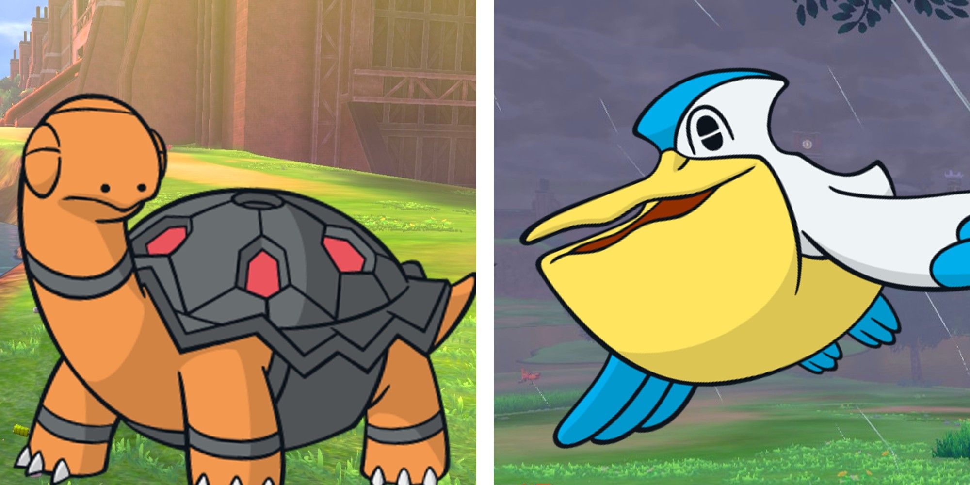 A split image: Torkoal is on the left with a sunny background, Pelipper is on the right in rain.
