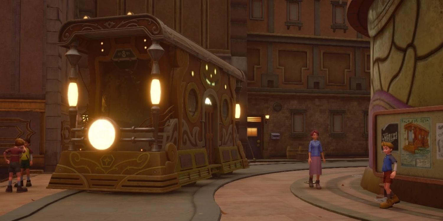 Screenshot of a tram In Twilight Town in Kingdom Hearts 3.