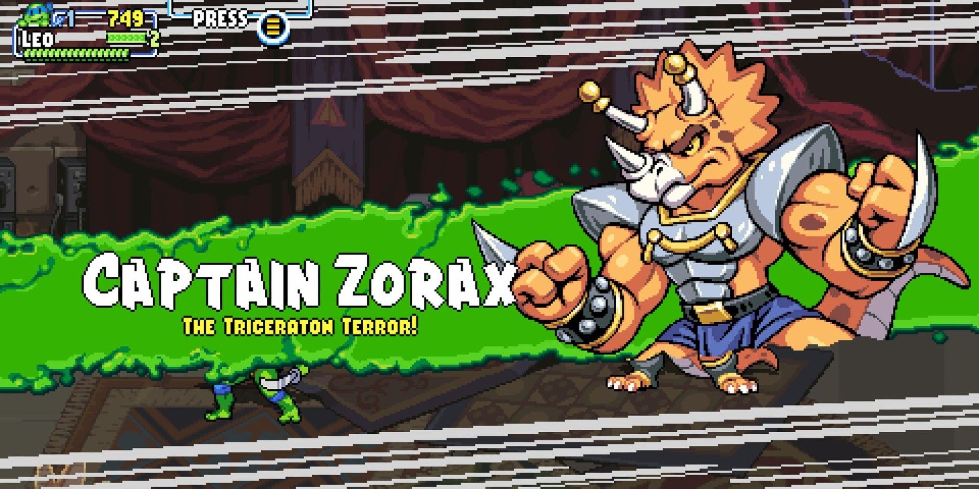 A splash screen for Captain Zorax, The Triceraton Terror, showing an orange triceraton with blades extended