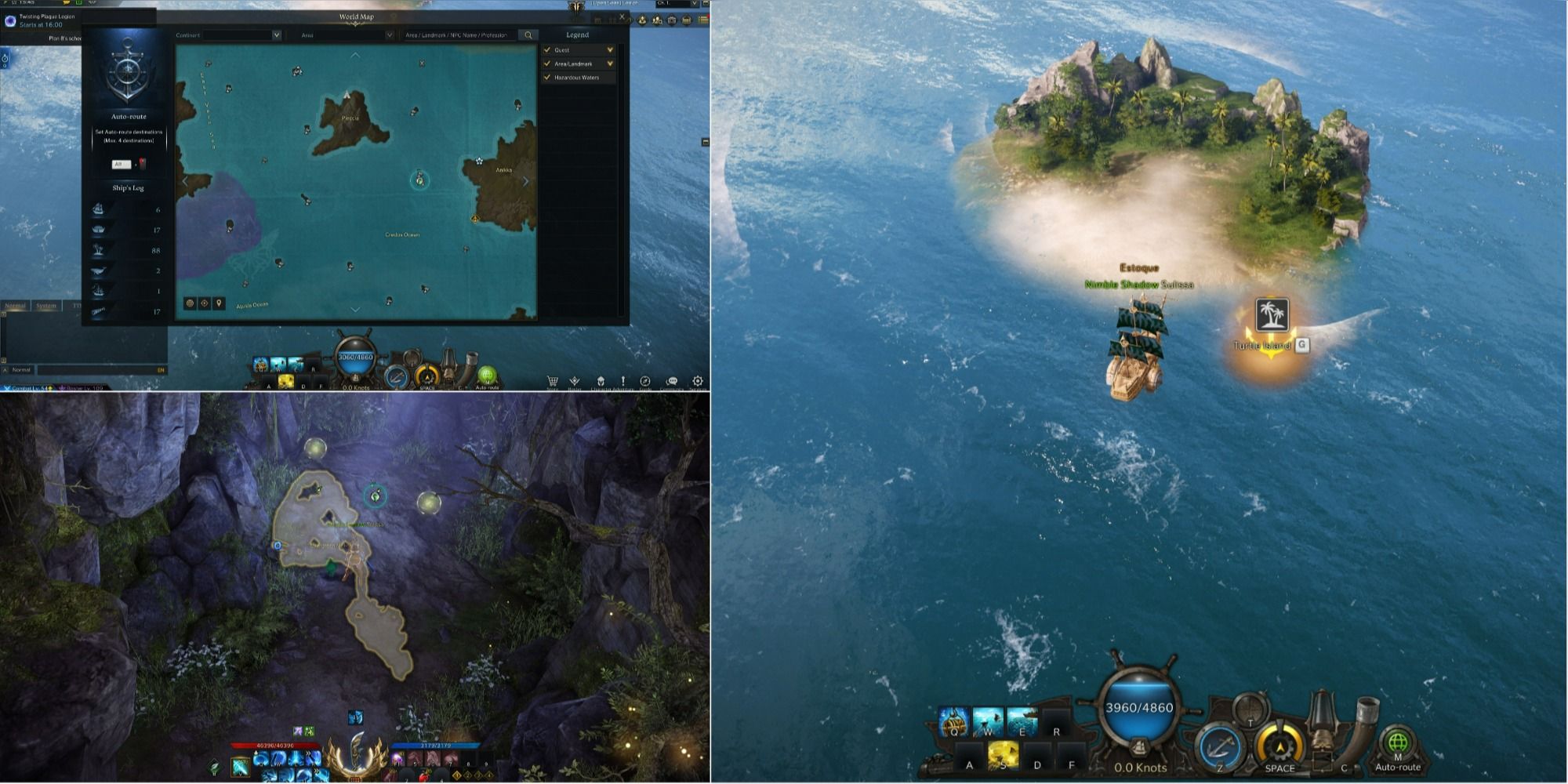 Lost Ark split image of Turtle Island location on open seas and map and Mokoko Seeds 2 and 3 location