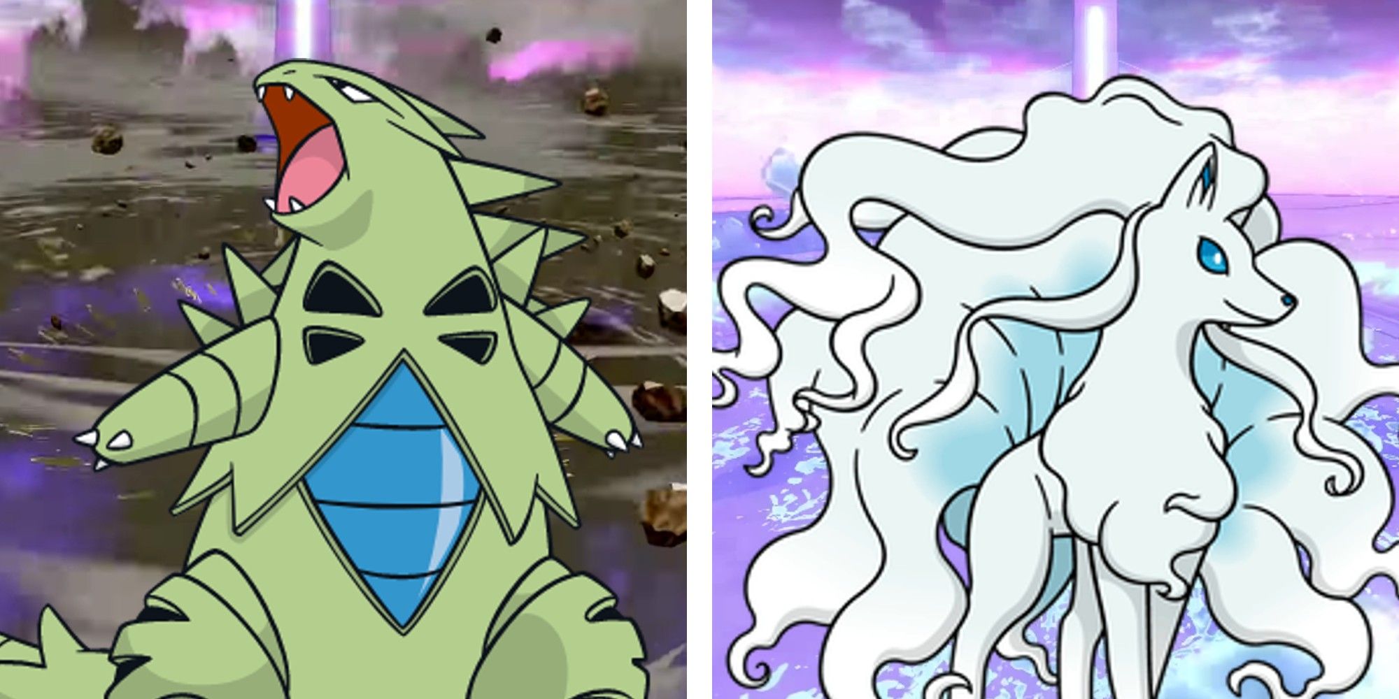 A split image: Tyranitar is on the left with Sandstorm, and A-Ninetales is on the right with Hail.
