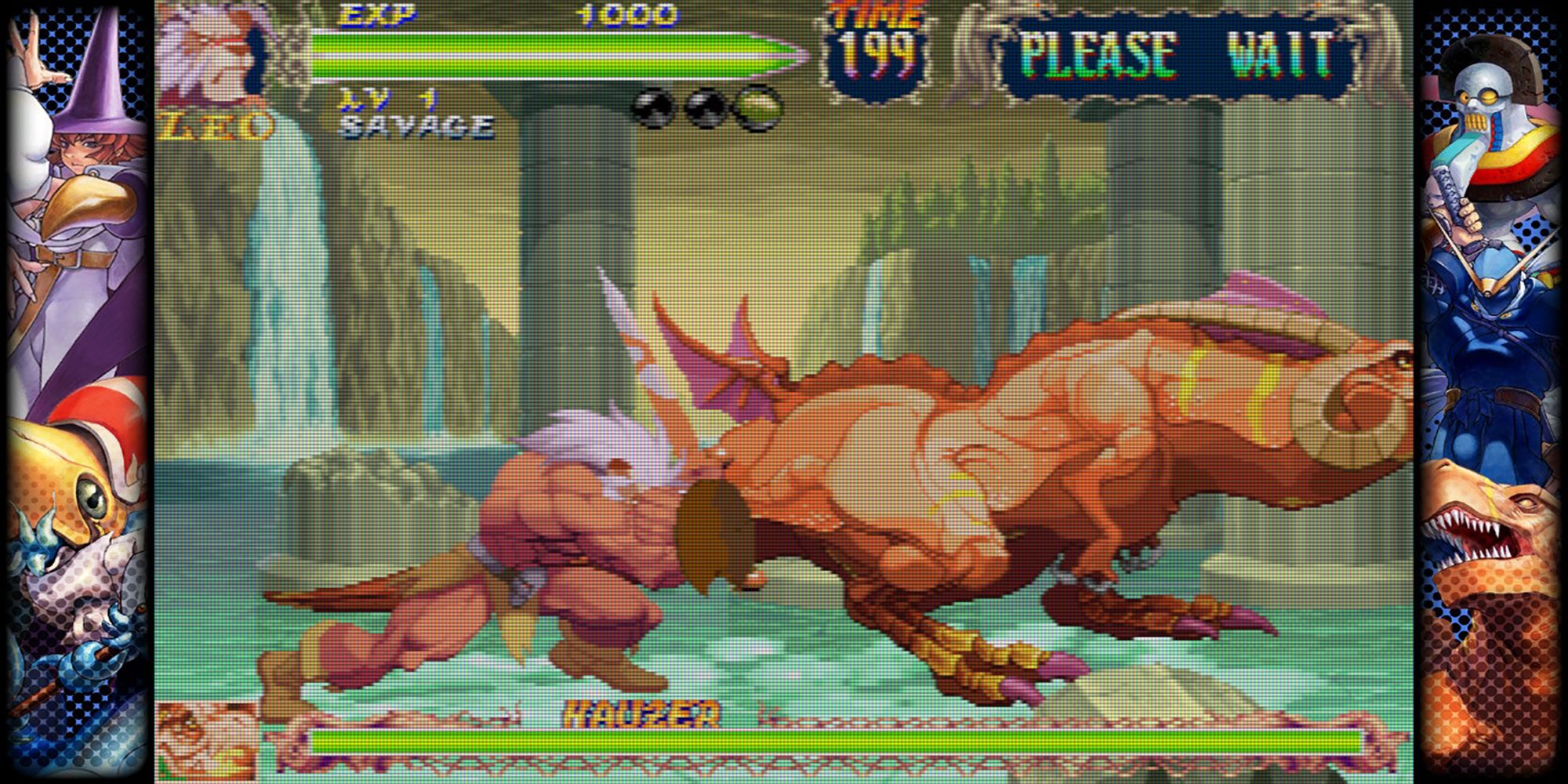 Leo shields himself from Hauzer's tail with an ultimate guard during a battle at Savalia in Red Earth, a game in Capcom Fighting Collection.