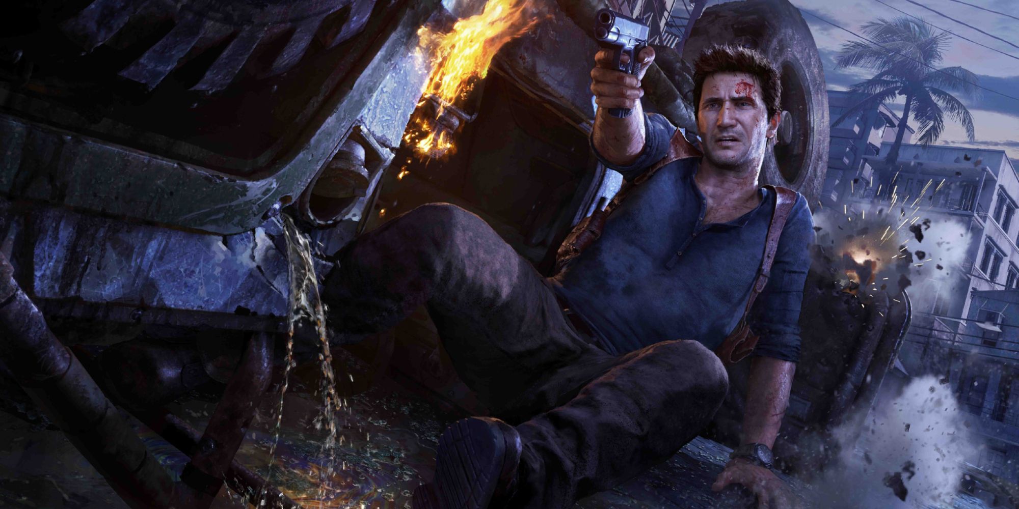Nathan Drake sat in a car wreckage pointing a gun off out of frame