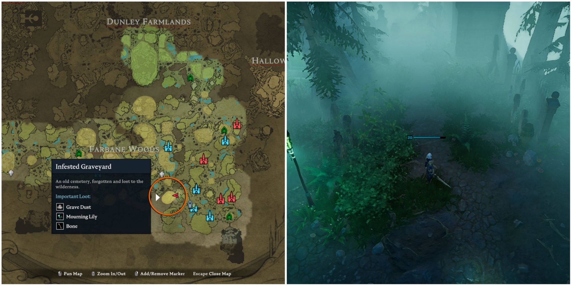 Split image of V Rising map with Infested Graveyard circled in orange, and a player standing in eerie graveyard with sword drawn