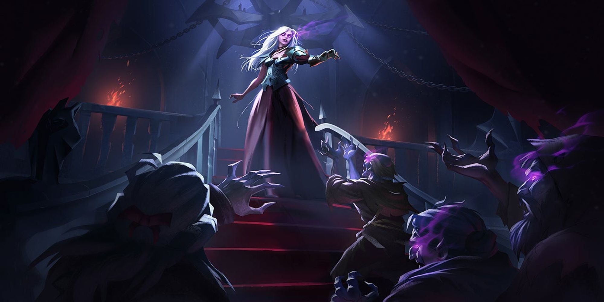 Silver-haired woman stands atop stairs while vampires kneel below her