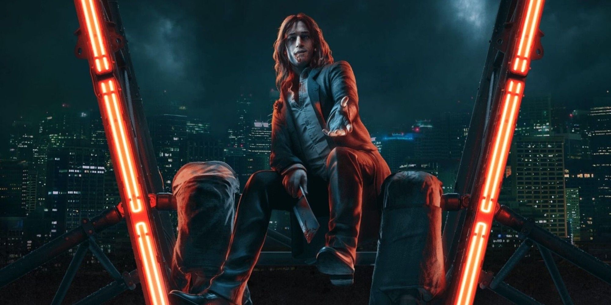 A vampire sits between two neon signs with the city in the background in Vampire: The Masuerade - Bloodlines 2 key art