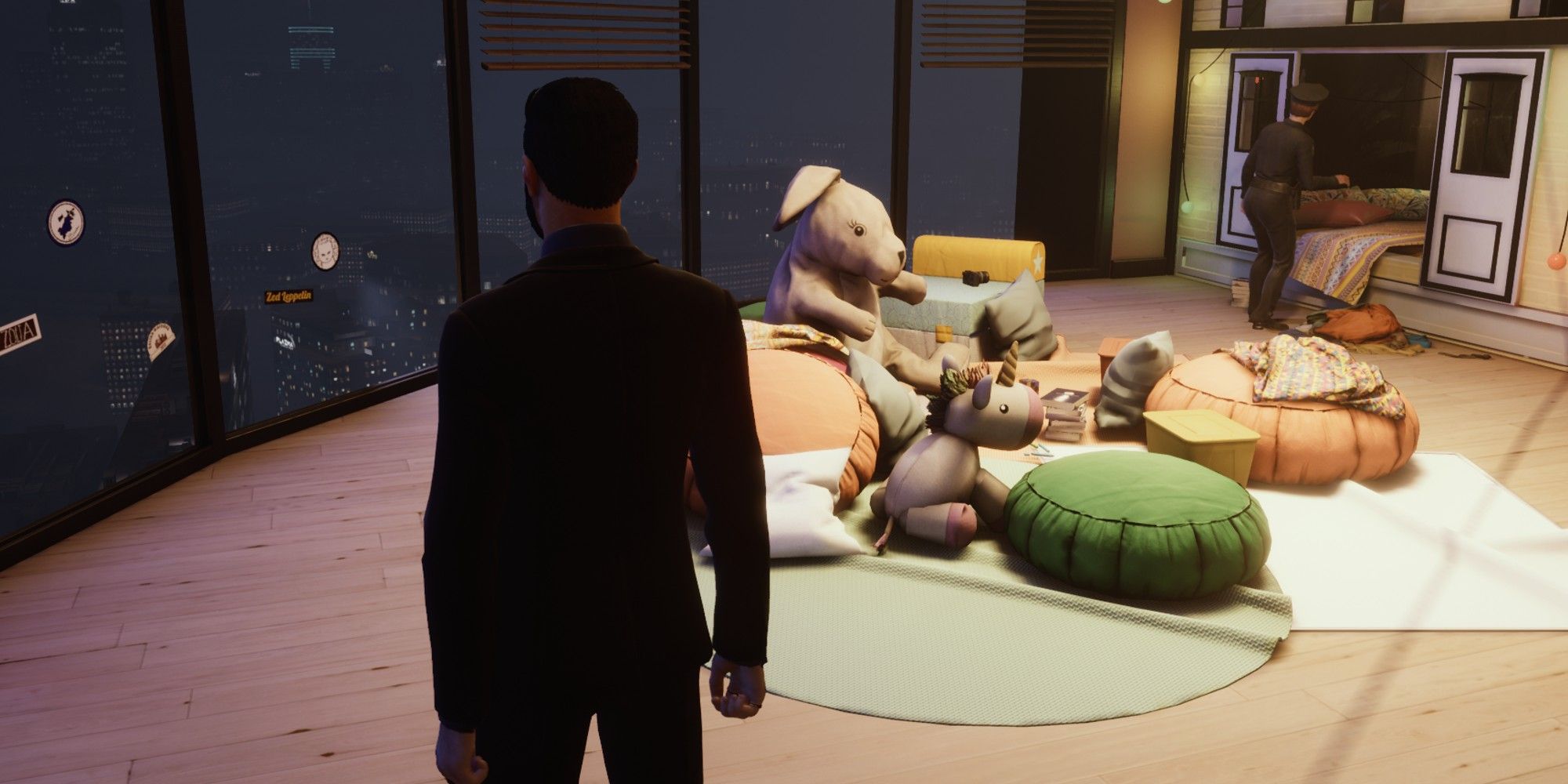 Galeb inspecting a room with stuffed animals and a view of the city in Vampire: The Masquerade - Swansong