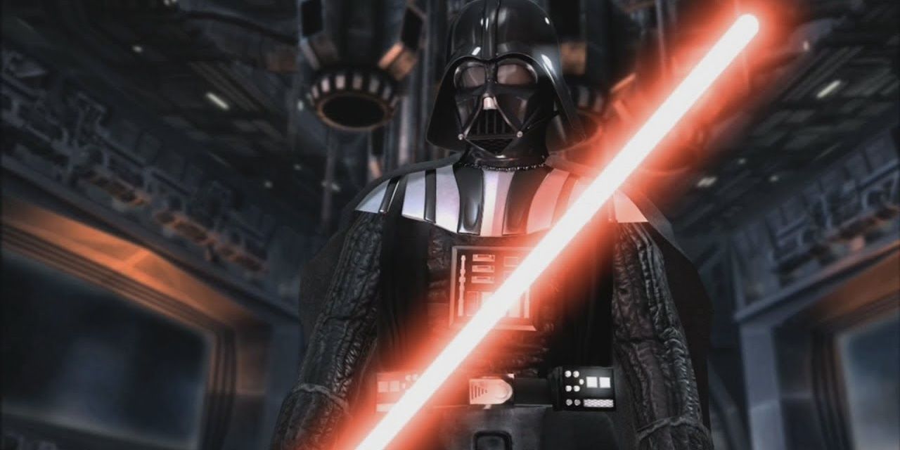 Darth Vader holding his iconic red lightsaber in The Force Unleashed