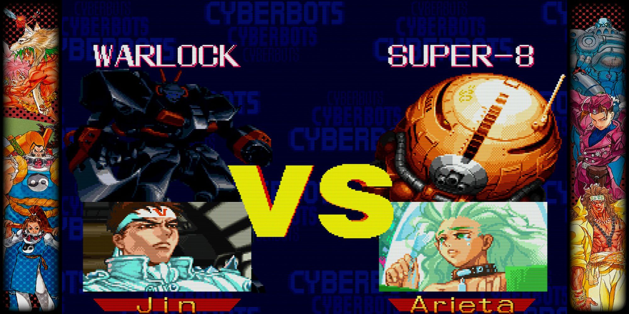 Jin, piloting Warlock, faces off against Arieta, piloting Super-8, in Cyberbots: Full Metal Madness. Capcom Fighting Collection.