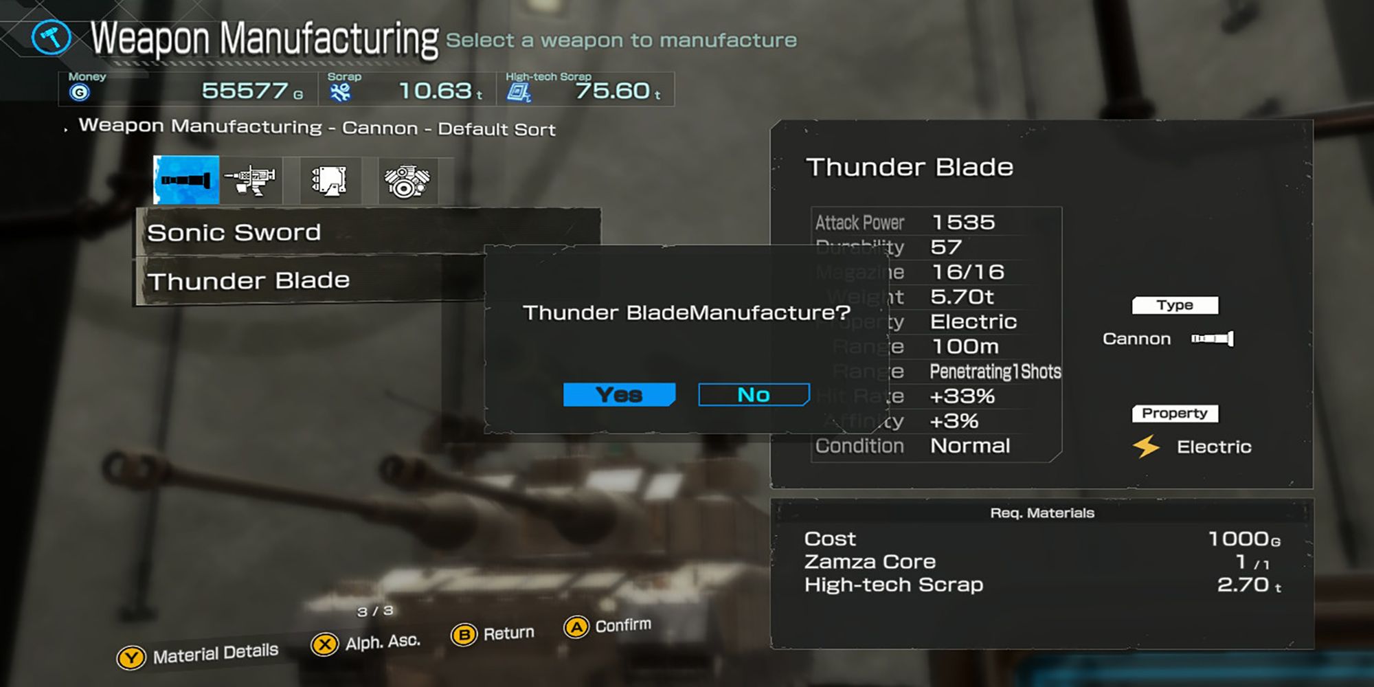 Talis crafts a Thunder Blade cannon in the Weapon Manufacture menu of the Sortie Garage in Metal Max Xeno Reborn.