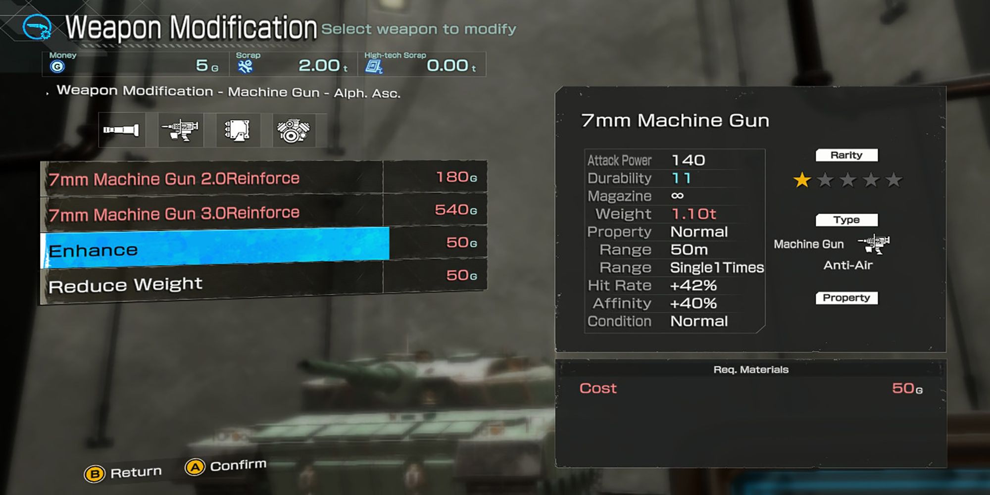 Talis enhances his 7mm Machine Gun at the Gun Modification menu of the Sortie Garage in Metal Max Xeno Reborn.