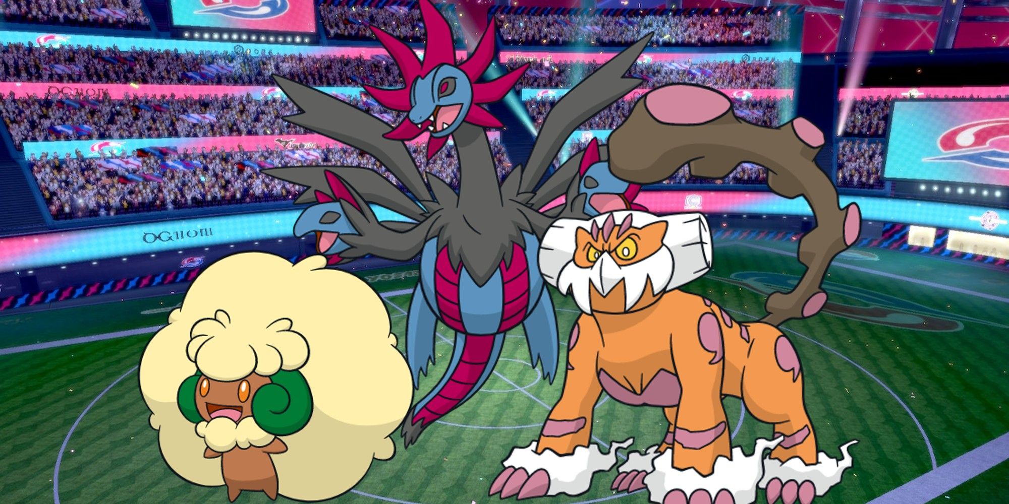 3 Pokemon standing together: Whimsicott, Hydreigon, and Landorus