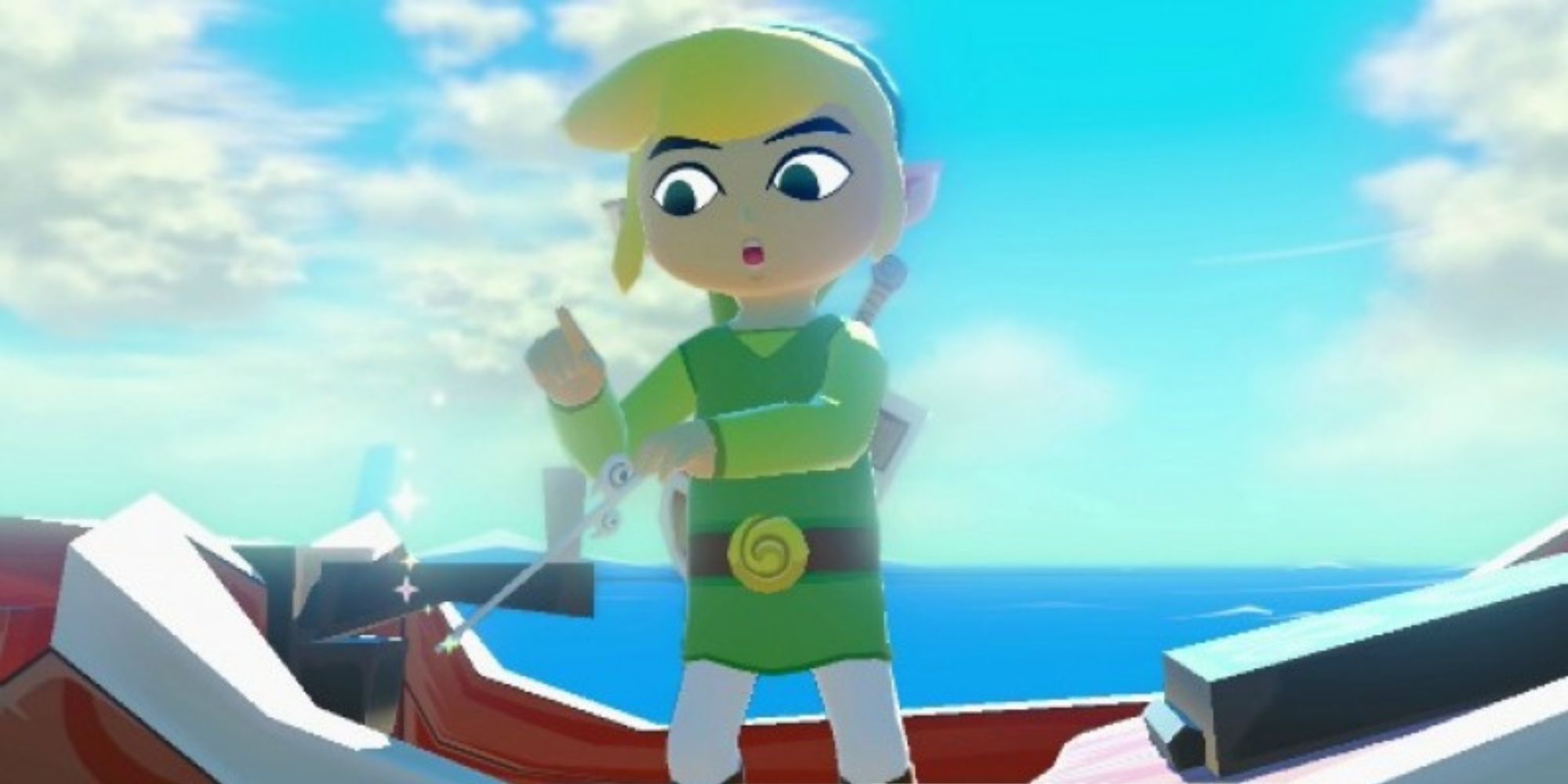 Toon Link holding the Wind Waker on a boat and looking surprised as sparkles fly out