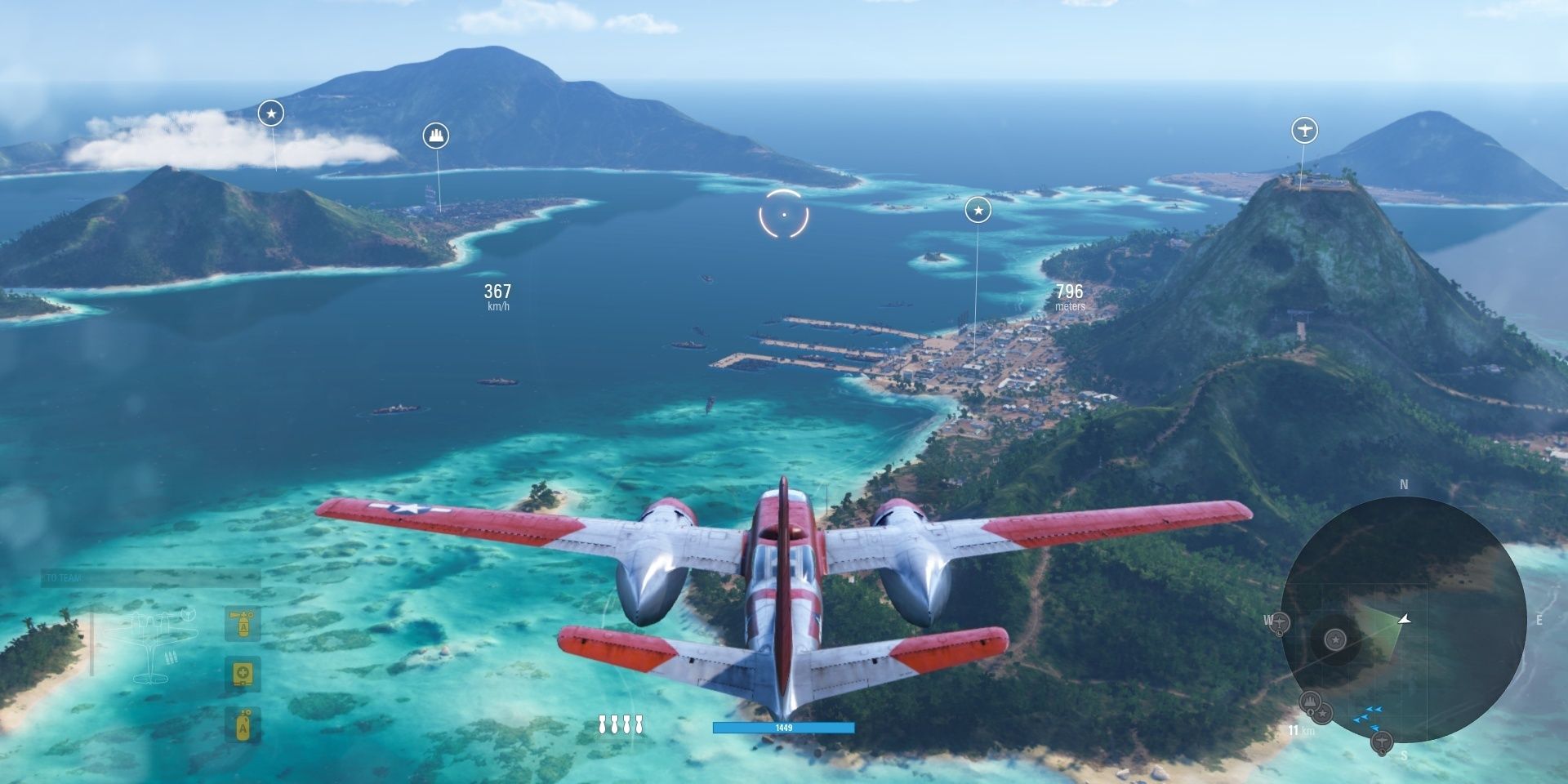 Red and white plane flying over islands and ocean in World of Warplanes