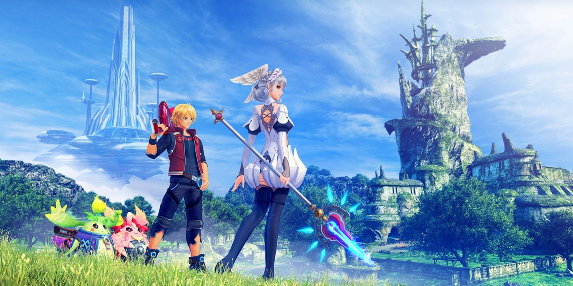 Shulk, Melia, Kino and Nene stand on a hill on a sunny day