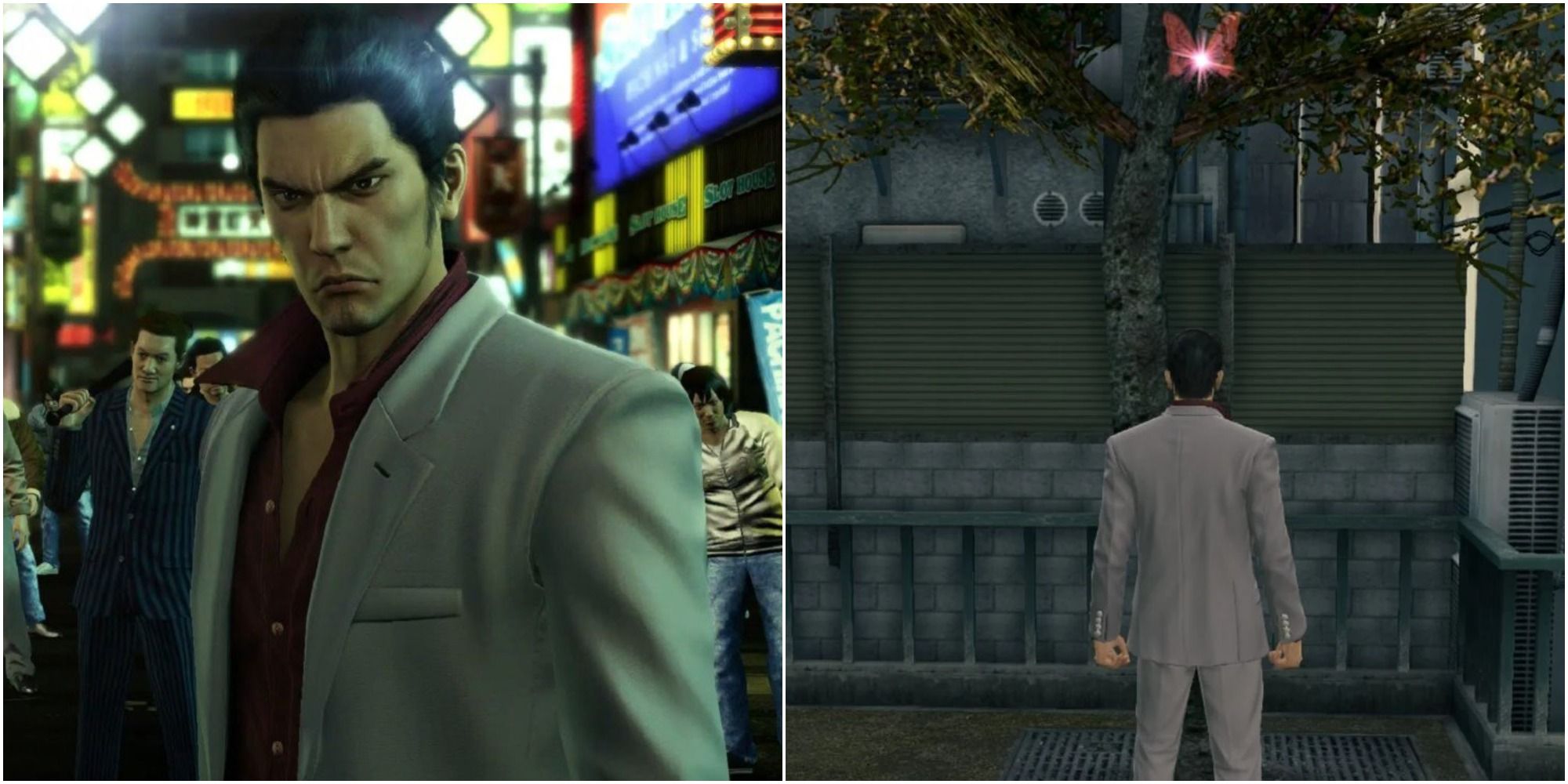 Kiryu on the left looking at the camera, while looking at a card on a tree on the right.