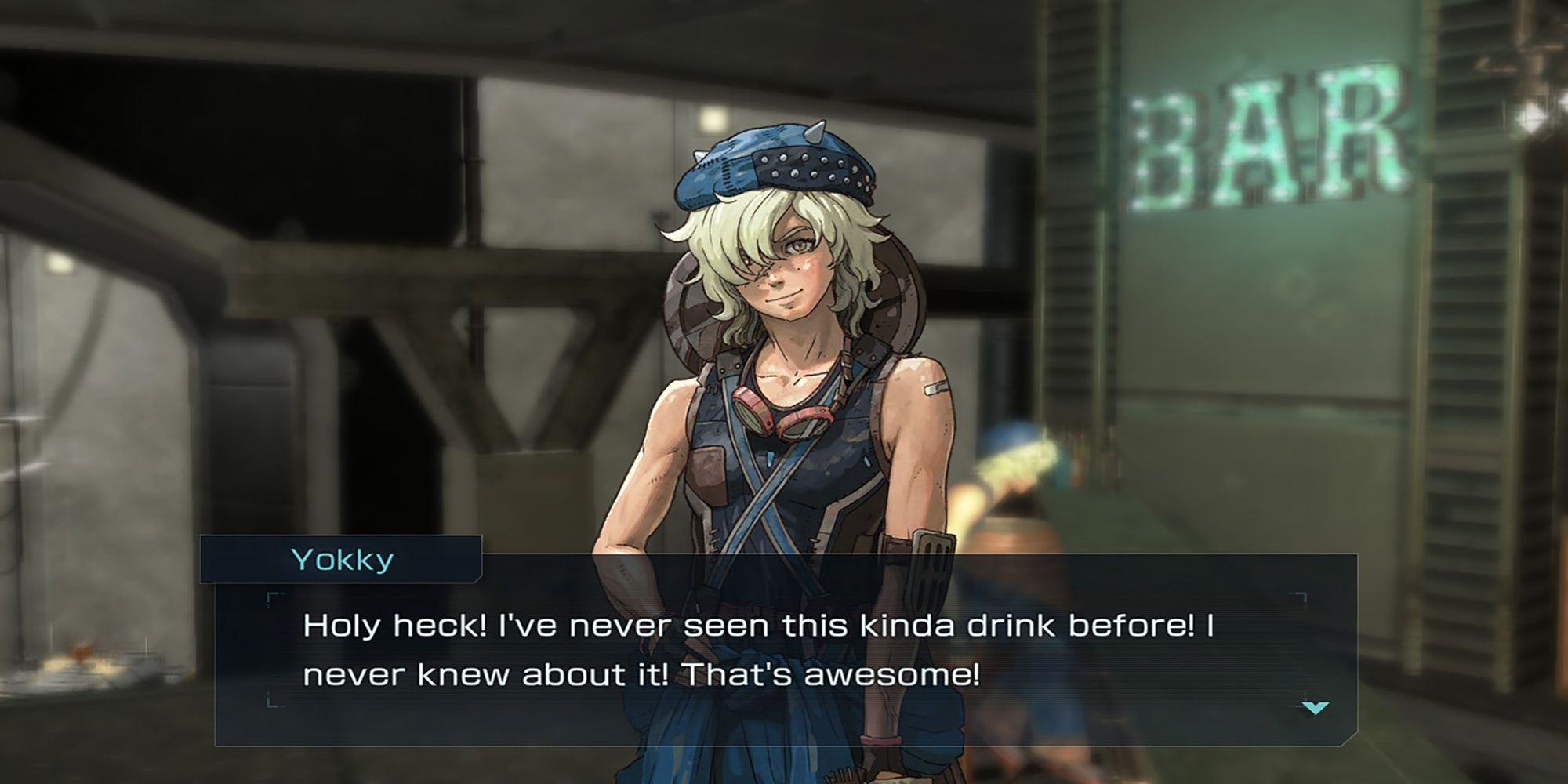 Yokky asks you about the new drink you discovered during a chat at the Iron Base bar in Metal Max Xeno Reborn.