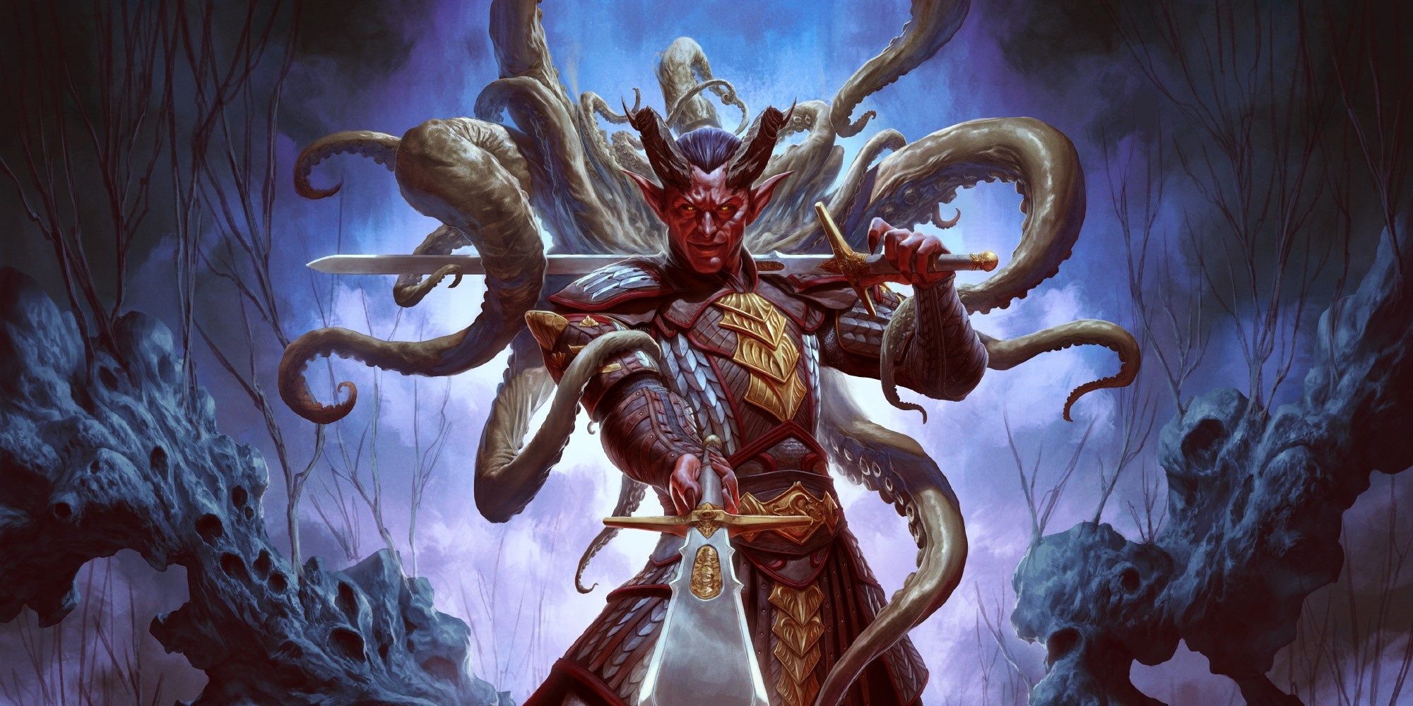Tiefling warrior with tentacles behind him in cavern