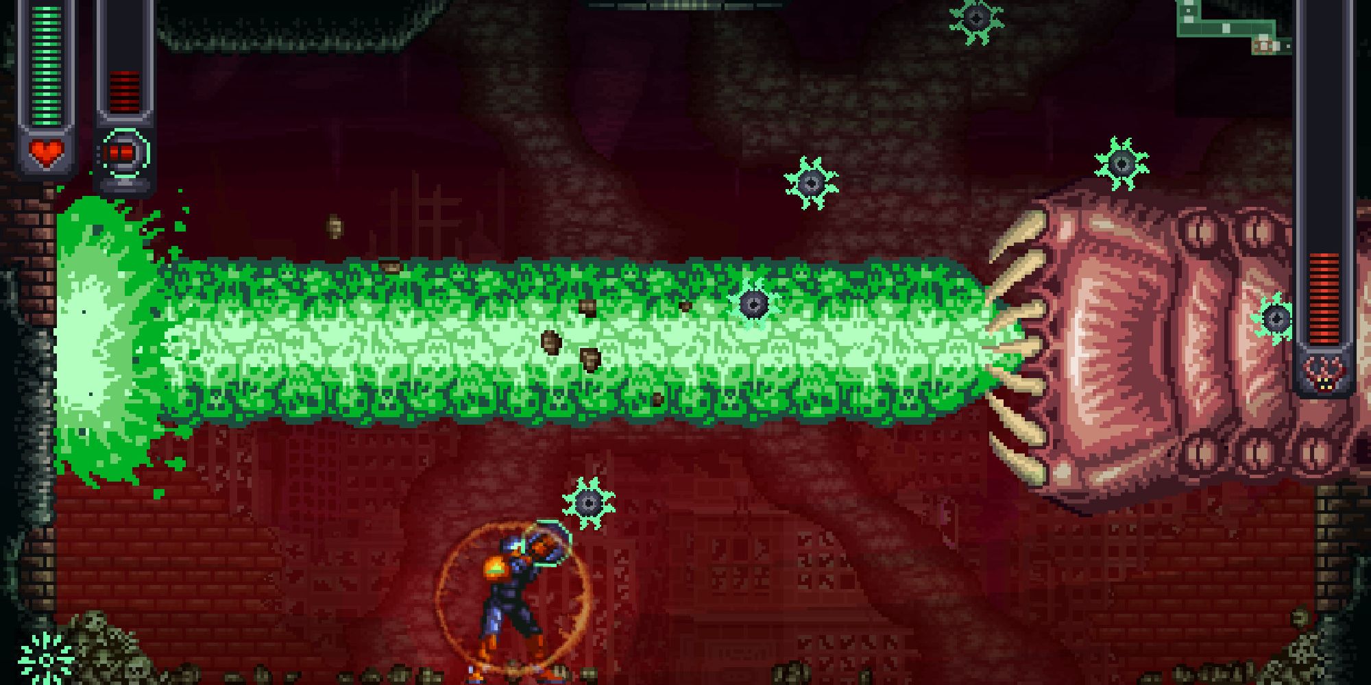 A screenshot from A Robot Named Fight, showing the main character firing a weapon at a vomiting worm-monster