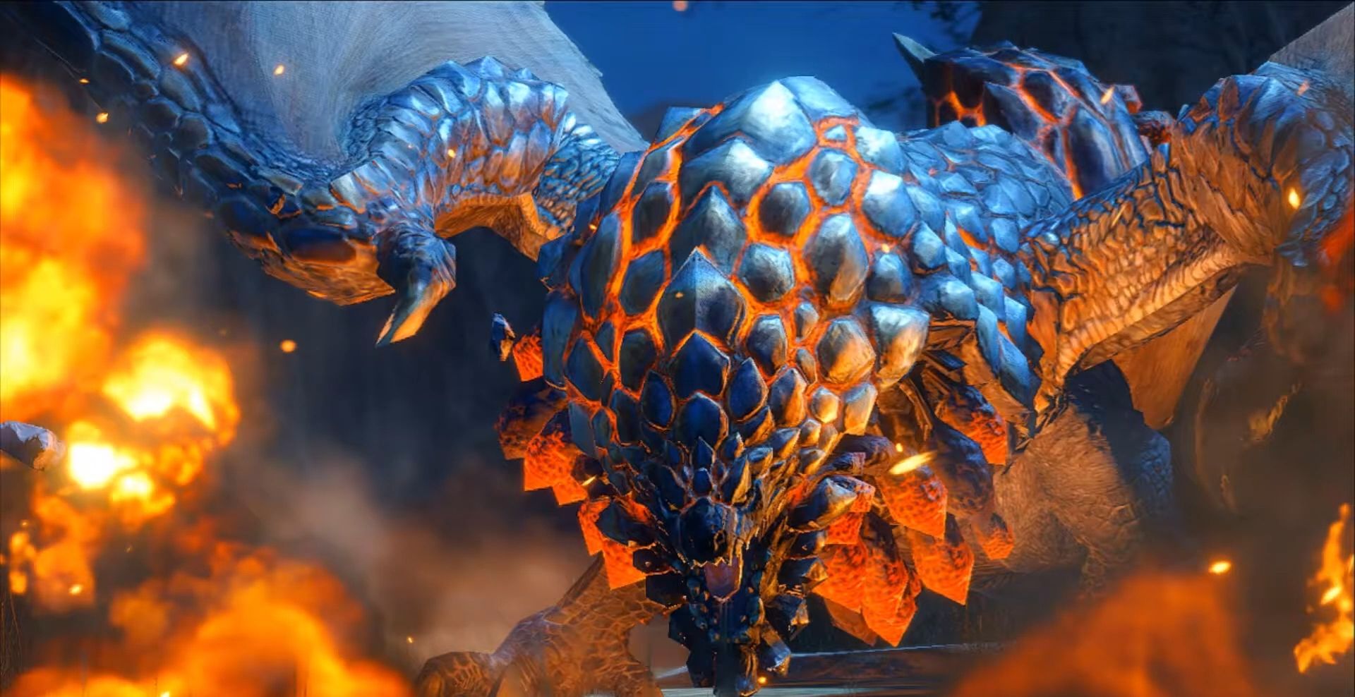 Bazelgeuse in Monster Hunter Rise. A heavily armored wyvern with round scales on its neck glowing red hot. It is surrounded by explosions.