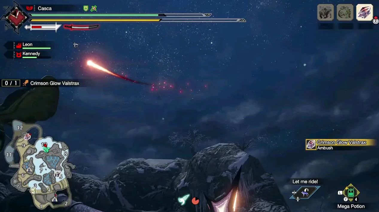 Monster Hunter Rise screenshot. A player looks up at a red comet in the sky. A popup reads "Crimson Glow Valstrax: Ambush".