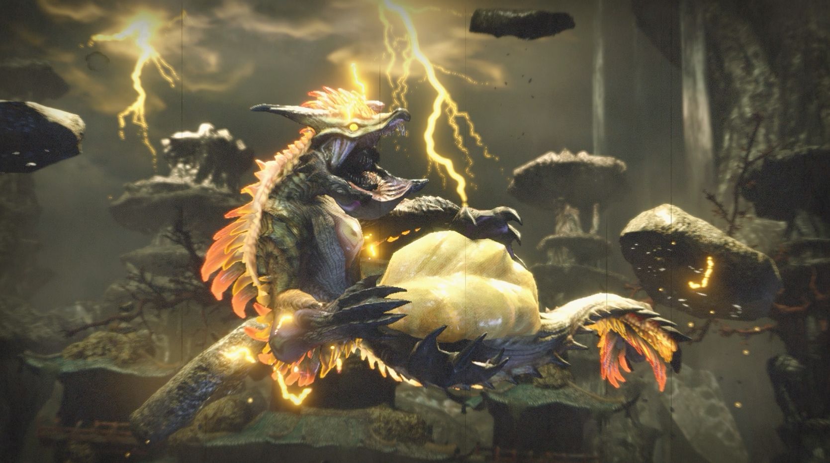 Thunder Serpent Narwa in Monster Hunter Rise. A large snake-like dragon in front of a lightning storm.