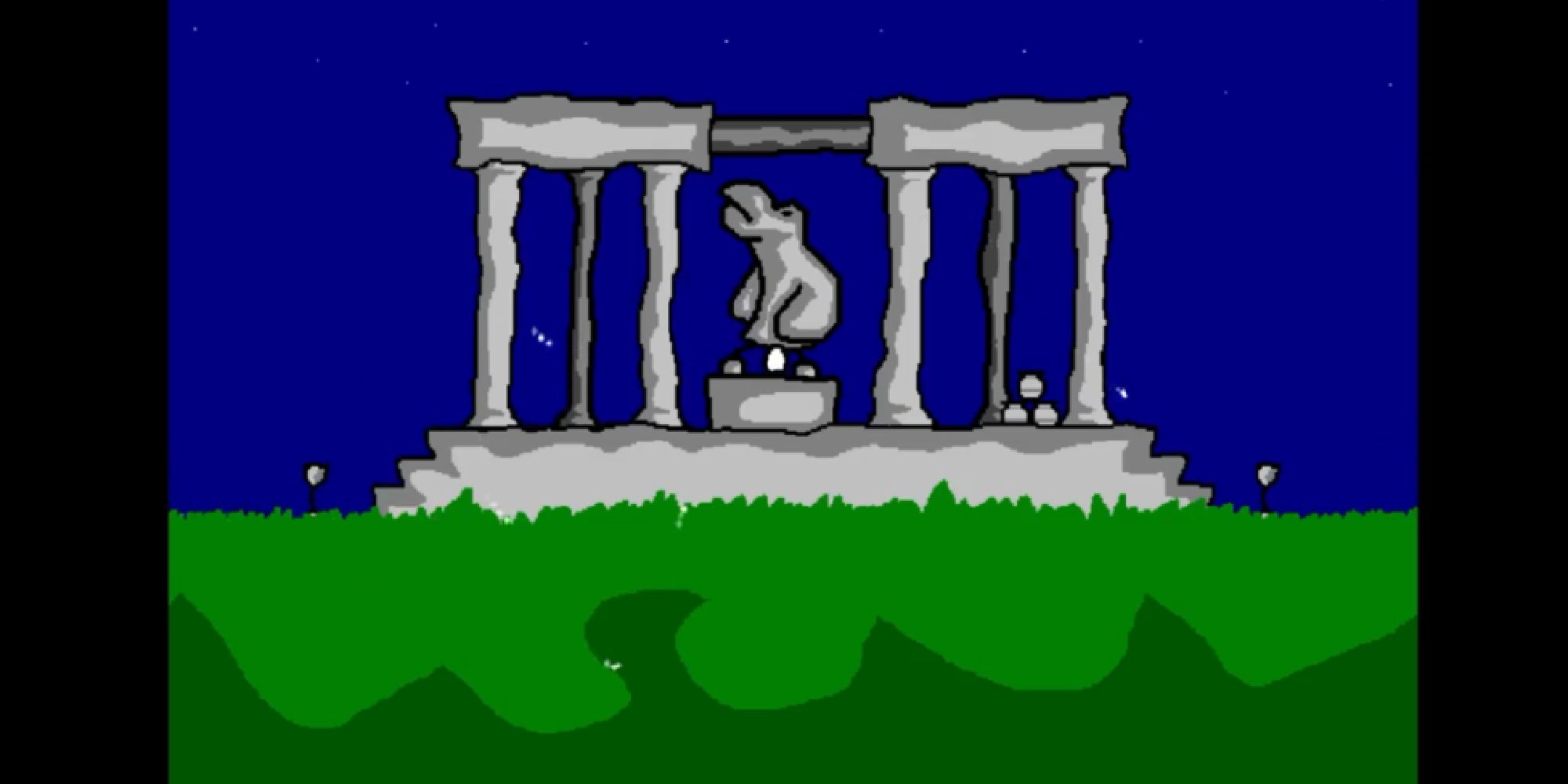 A screenshot of An Untitled Story, showing an egg resting at the foot of a statue of a bird