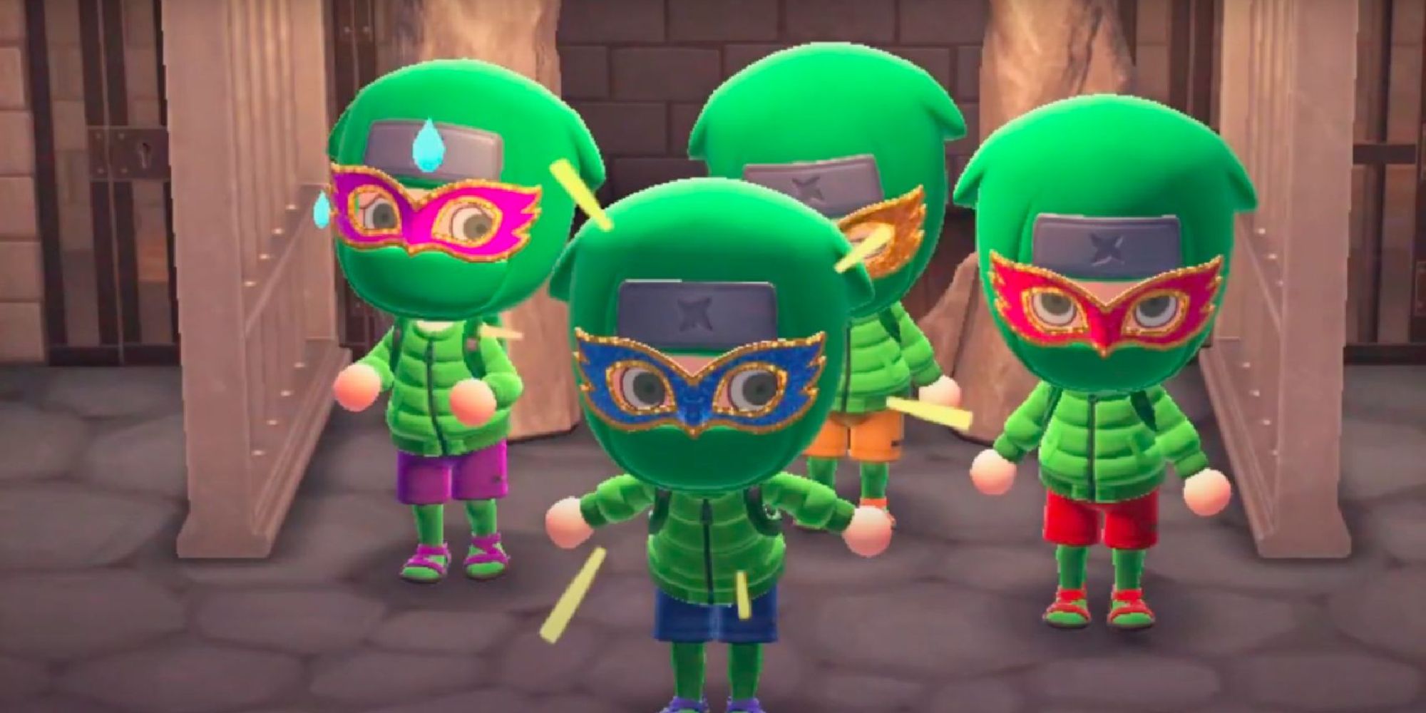 A screenshot of four Animal Crossing villagers dressed up at the four Teenage Mutant Ninja Turtles