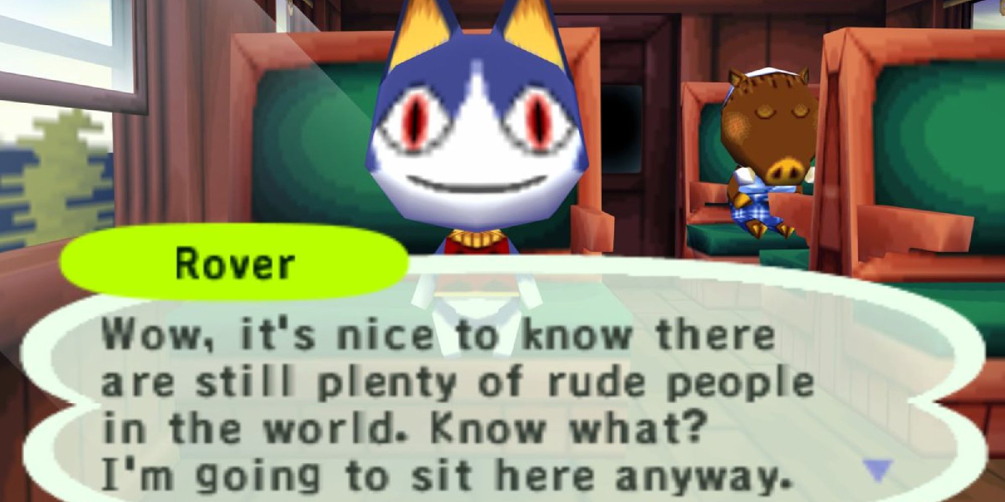 A screenshot of the original Animal Crossing for the Gamecube, showing Rover insulting the player during the game's introduction