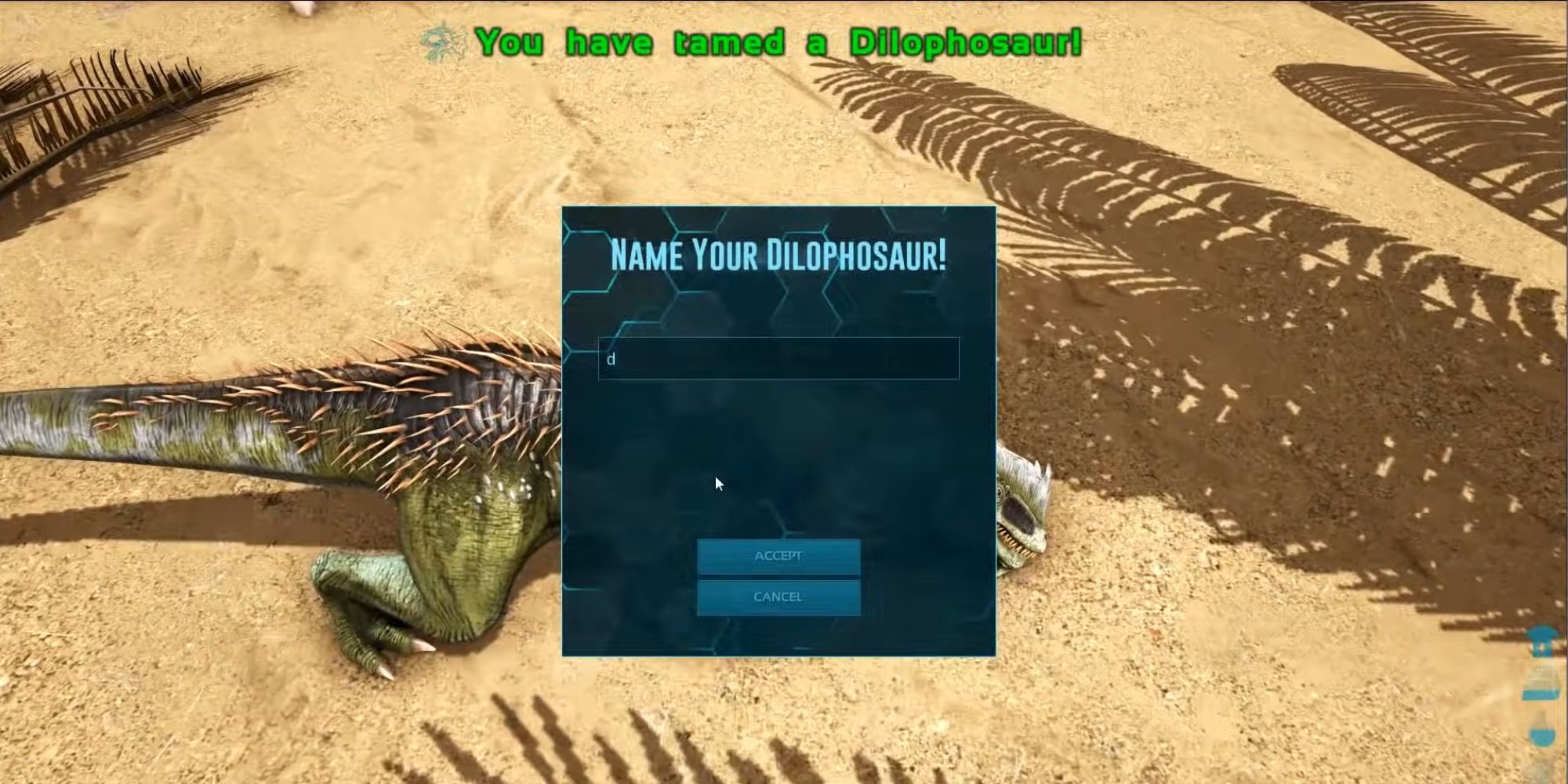 Prompt to name a newly tamed Dilophosaur  in Ark Survival Evolved